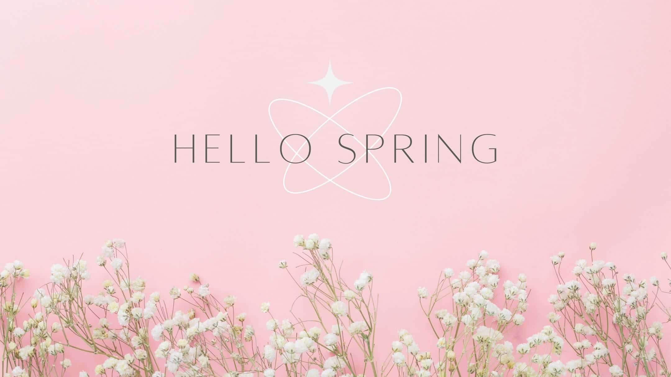 粉紅色背景，配有白色滿天星花朵和hello spring文字。