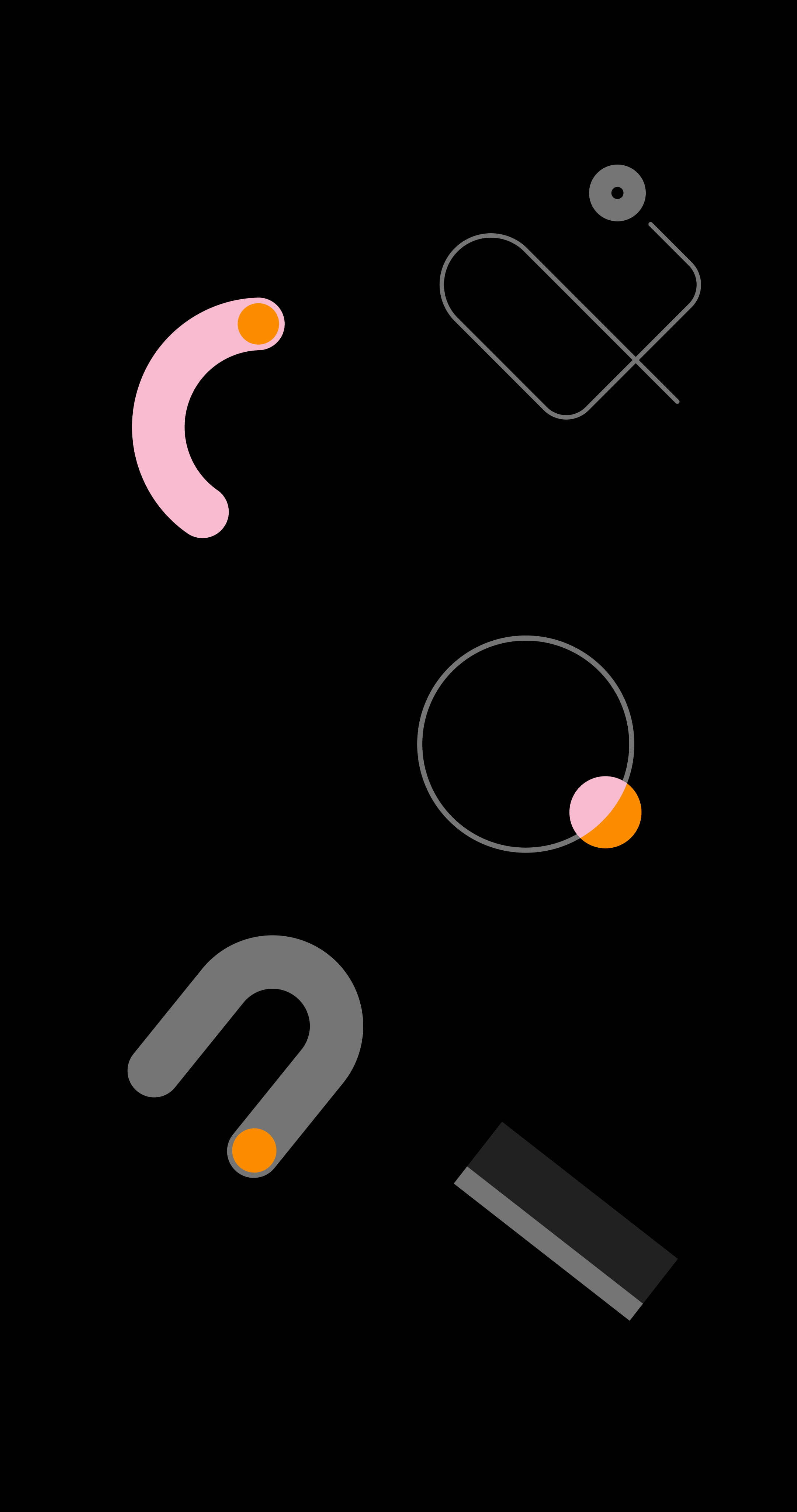 Shapes 桌布 壁紙 — 粉紅色、橙色和灰色的極簡抽象形狀漂浮在黑色背景上。