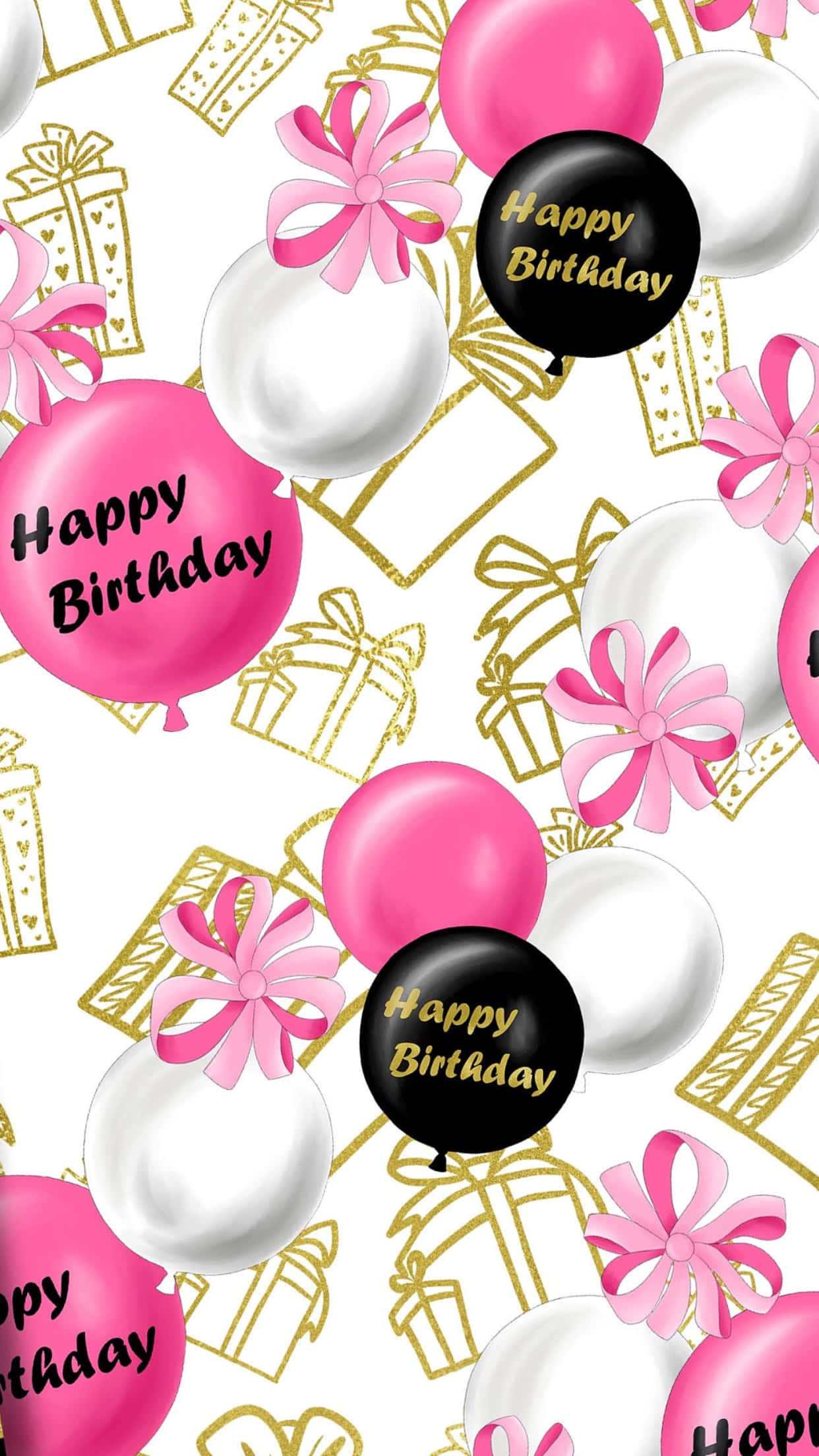生日祝福 桌布 壁紙 — 粉紅色、白色和黑色的氣球上寫有生日快樂字句，漂浮在金黃色禮物盒和粉紅色蝴蝶結之間，背景為白色。