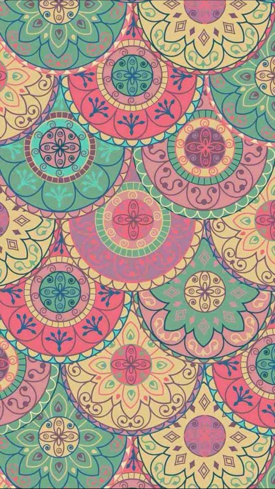 Paisley 桌布 壁紙 — 粉紅色、綠色和黃色的鮮豔手繪曼陀羅圖案創造出重複的裝飾性牆紙設計。