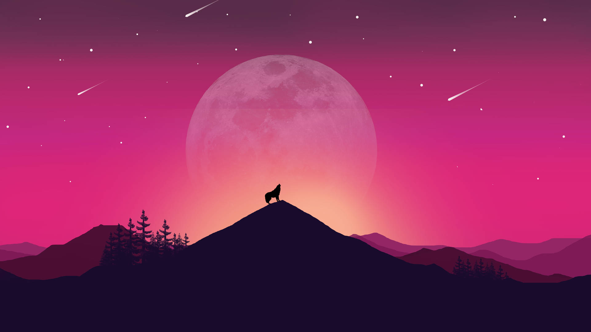 狼在粉紅月亮和流星下於山頂嚎叫