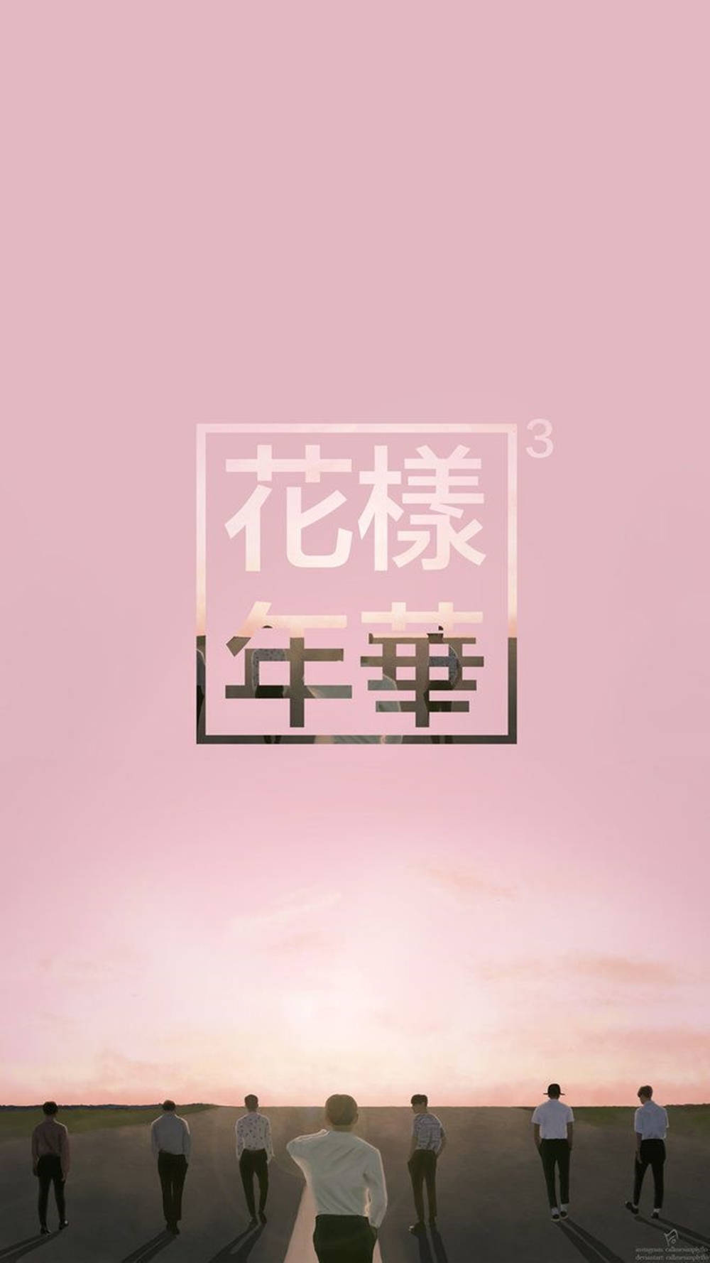 粉紅色BTS手機螢幕海報 壁紙 — 七個剪影人物站在路上，背景是柔和的粉紅色日落天空，上面覆蓋著大型白色文字。