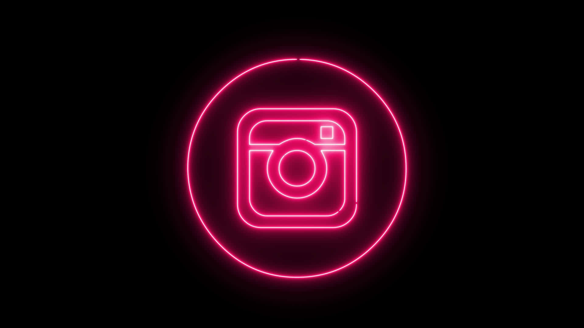 粉紅色霓虹燈Instagram標誌圖示在黑色背景的圓形中發光。