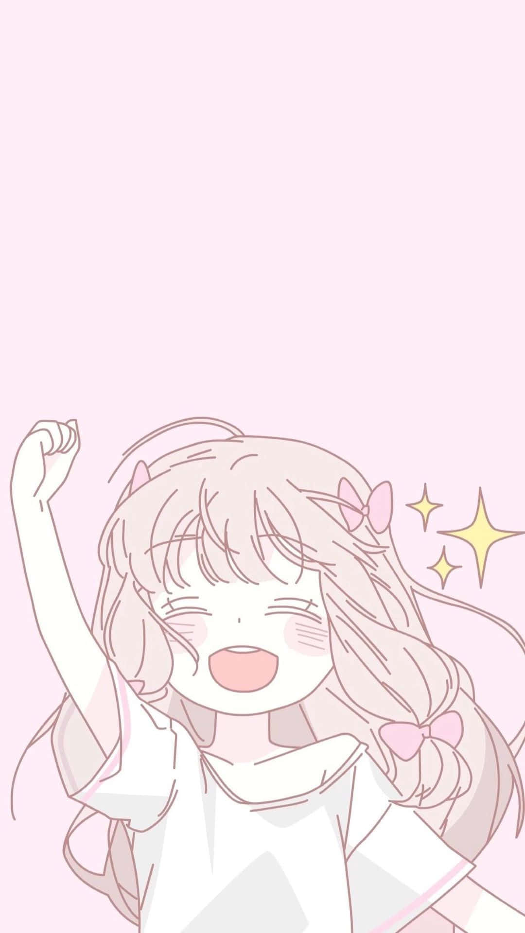 粉紅色動漫女孩美學頭像 壁紙 — 一個開心的動漫女孩，粉紅色頭髮和蝴蝶結，在柔和的粉紅色背景上舉起拳頭，背景有閃爍的星星。