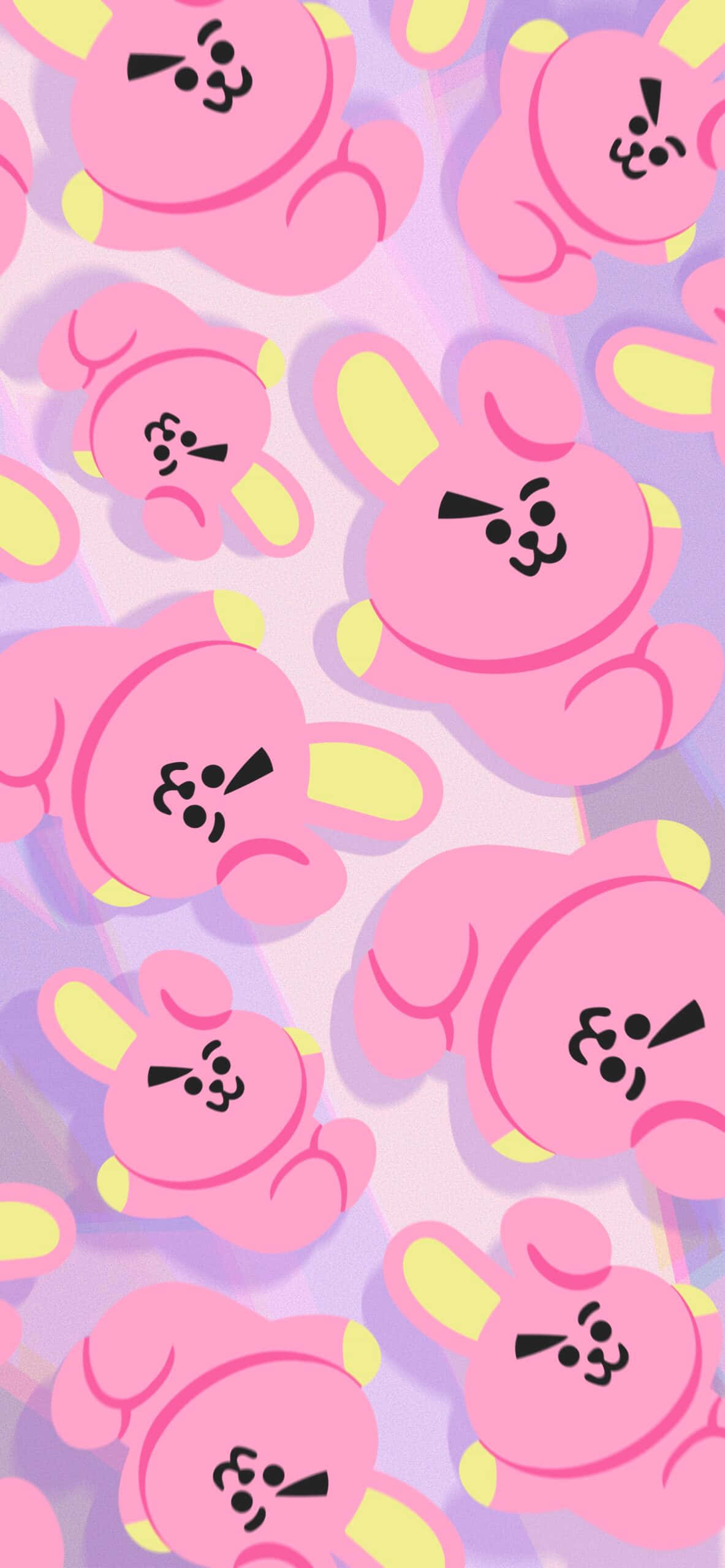 BT21 桌布 壁紙 — 粉紅色卡通兔仔帶住憤怒表情，喺柔和紫色漸變背景上漂浮。