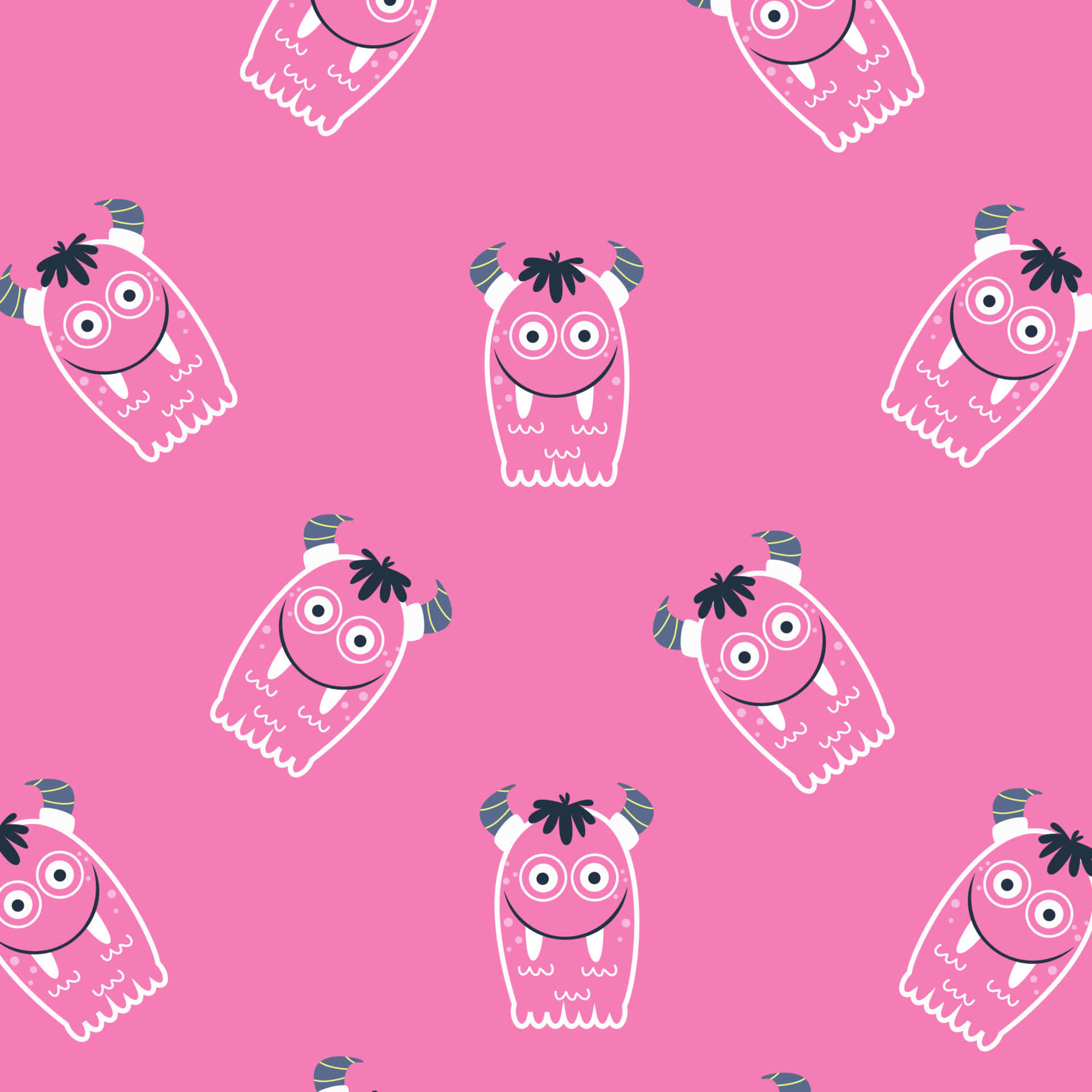 Kawaii Monster 桌布 壁紙 — 粉紅色卡通怪物帶有角和尖牙，在純粉紅色背景上以俏皮圖案重複出現。