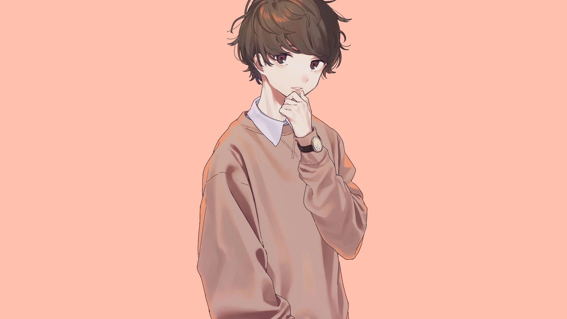 動漫男孩穿著米色毛衣，在蜜桃色背景前用手托腮思考