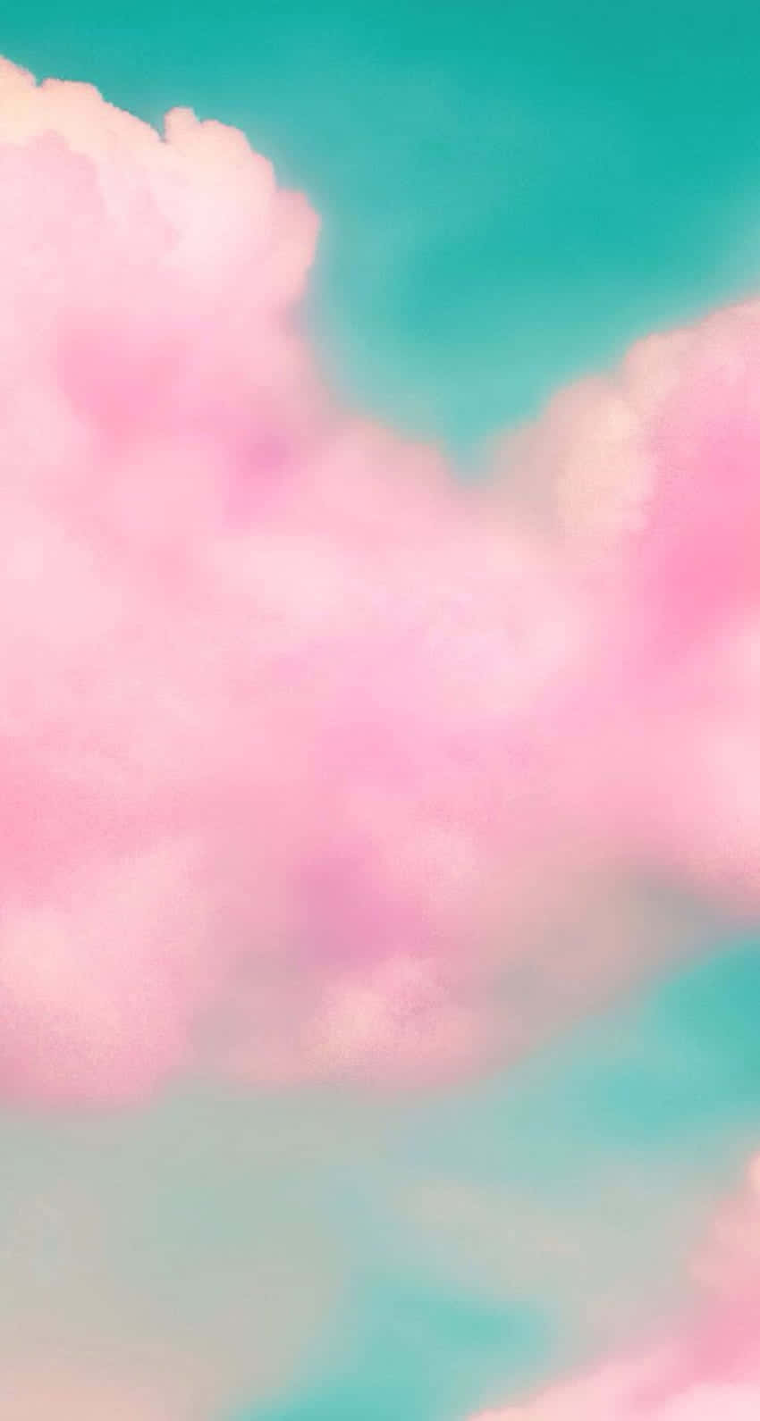 粉彩粉紅雲朵在藍綠色天空中飄浮，帶有柔和夢幻的光線。
