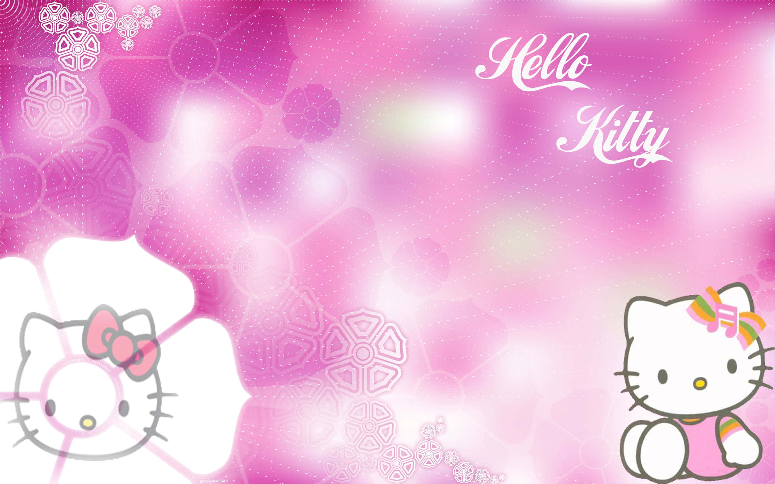 Kitty White 桌布 壁紙 — 粉紅色和白色的Hello Kitty，帶有花卉圖案和閃爍的散景，背景為夢幻漸變色。
