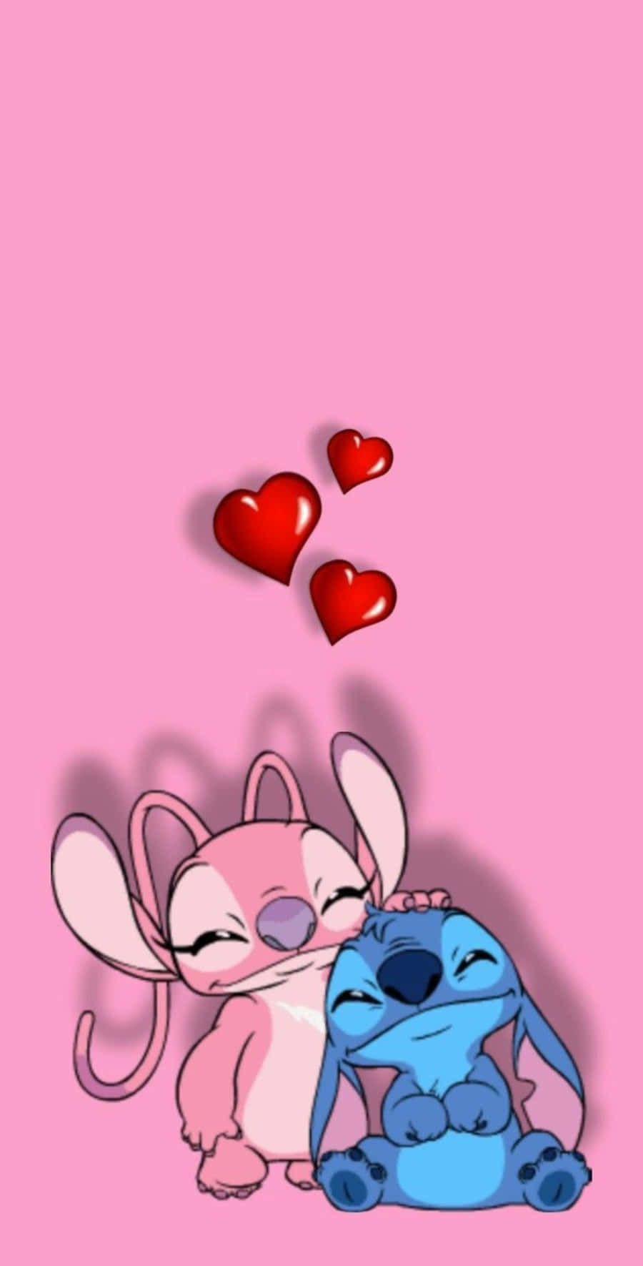 Love Stitch And Angel 桌布 壁紙 — 粉紅色和藍色的史迪仔角色在純粉紅色背景上依偎，上方漂浮著心形。