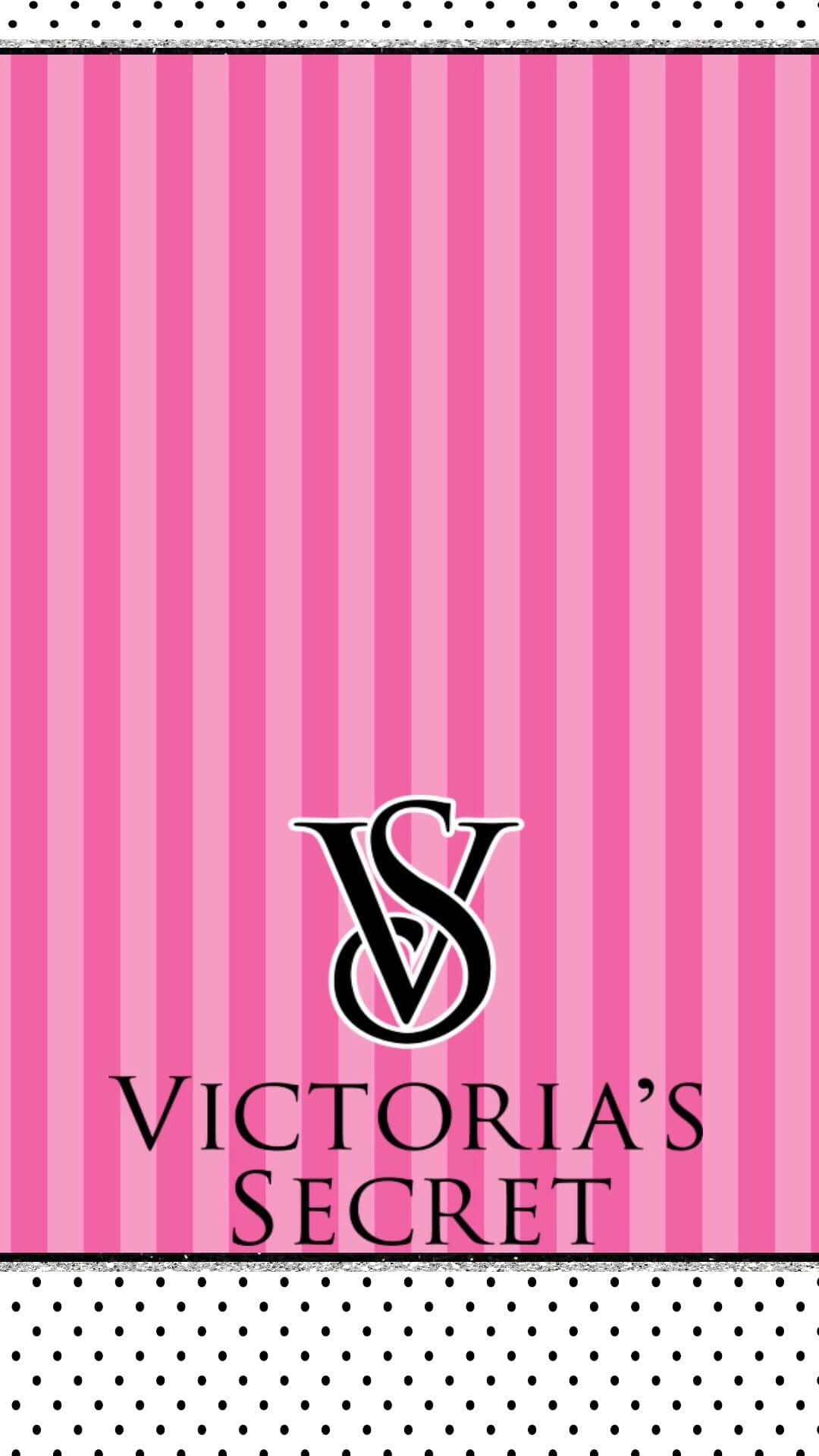 Victoria Secret 桌布 壁紙 — 粉紅色垂直條紋牆紙，Victoria's Secret 標誌居中，位於黑色和白色圓點邊框之間。
