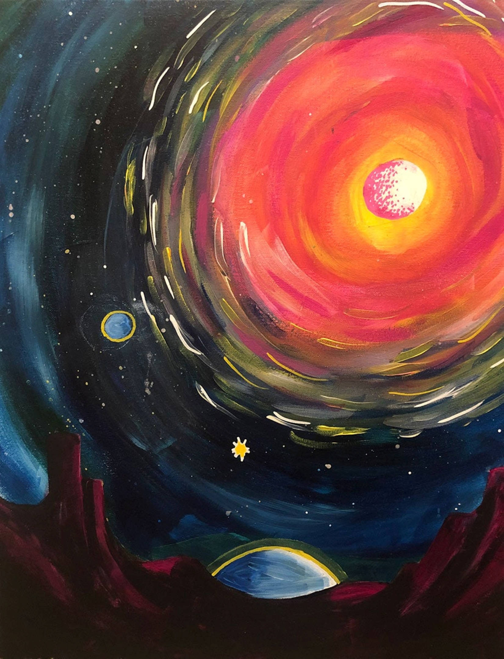 粉紅色宇宙畫作 壁紙 — 一個由紅色、橙色和黃色組成的旋轉宇宙漩渦，從發光的核心輻射出來，映襯著黑暗外星景觀上方的星空夜空。
