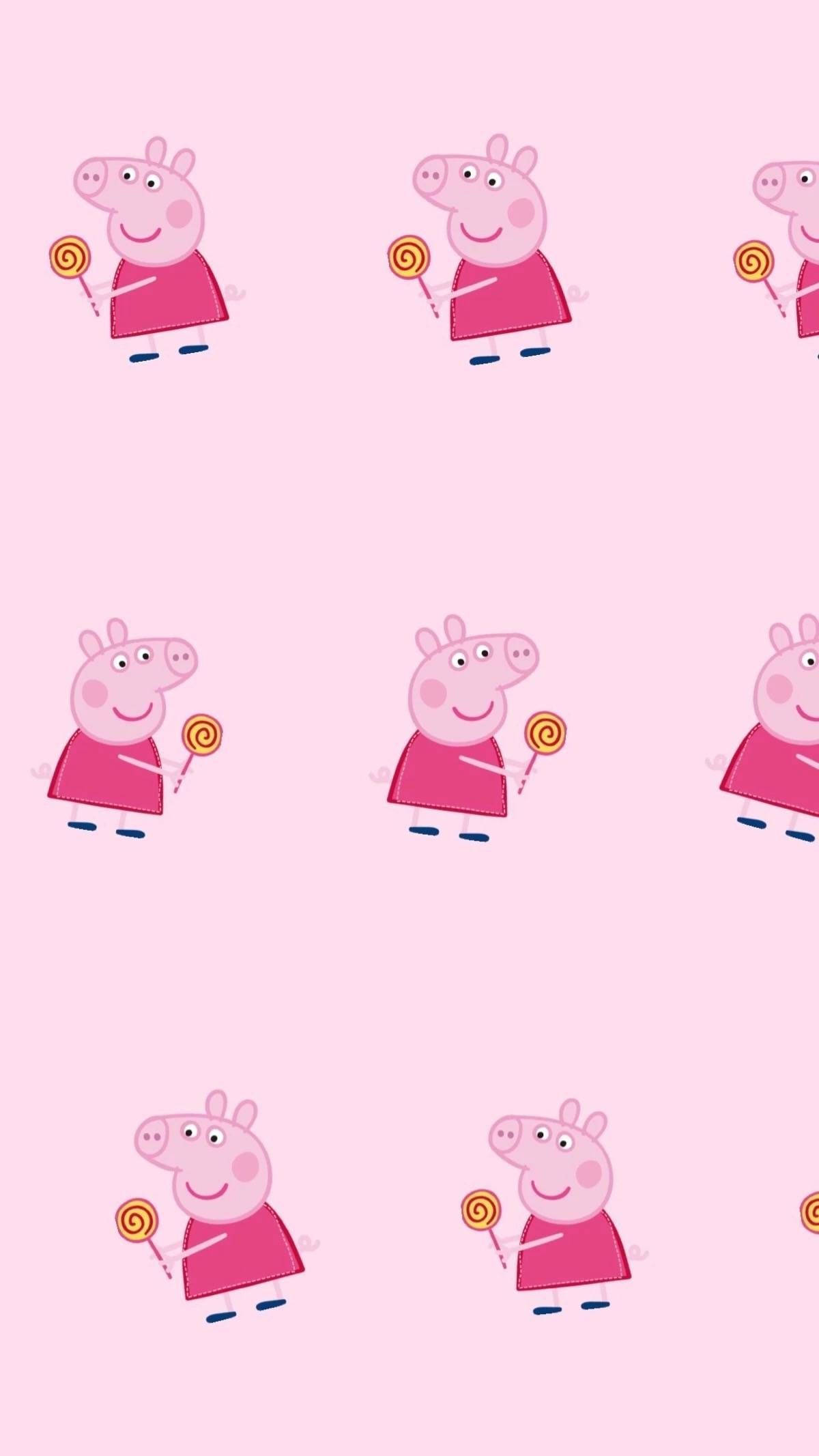 粉紅色小豬佩奇手機壁紙 壁紙 — 重複圖案：Peppa Pig 拿著棒棒糖，背景為柔和粉紅色。