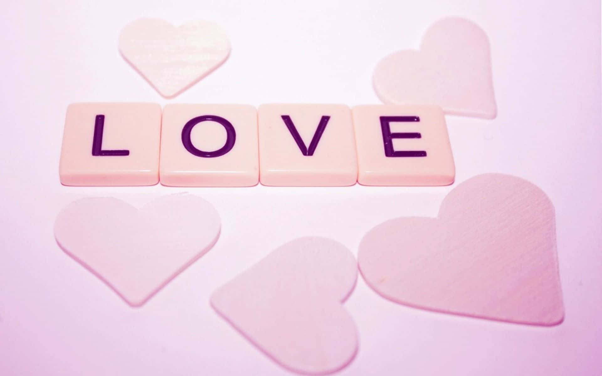 粉紅色瓷磚拼出LOVE，周圍有半透明心形。 — 粉紅色心形動圖 壁紙