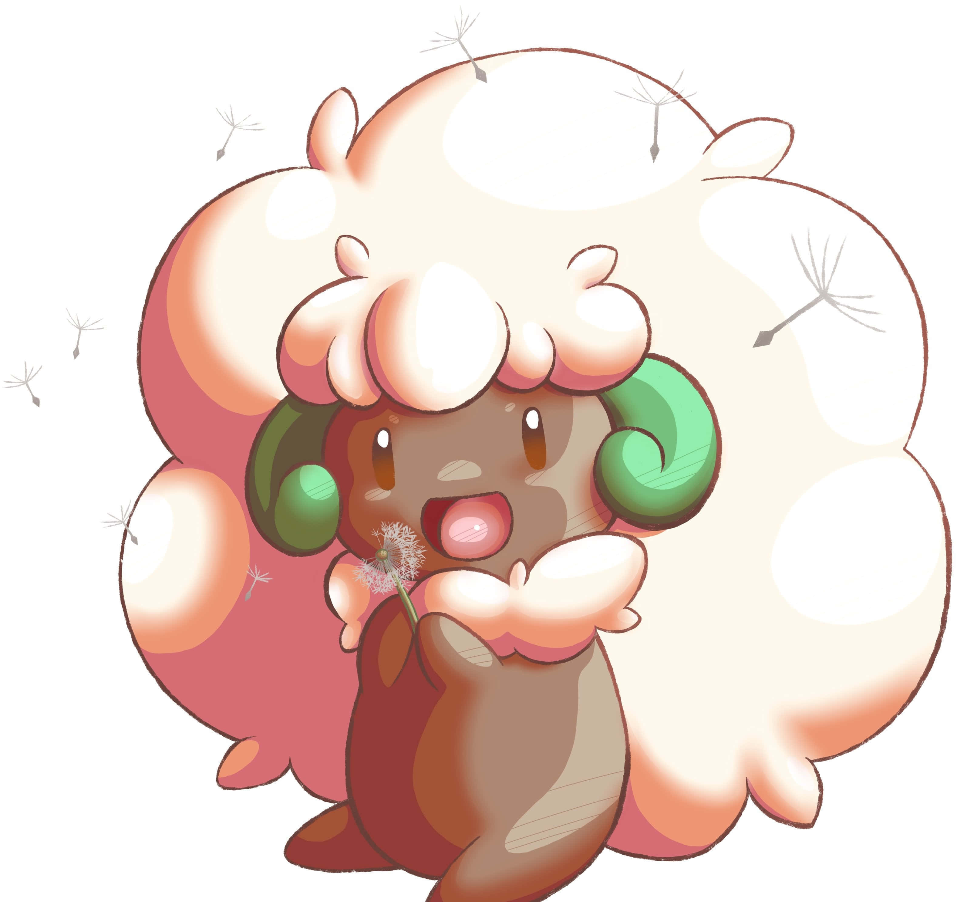 粉紅色快樂的Whimsicott 壁紙 — 一隻可愛的毛茸茸寶可夢，長著綠色耳朵，拿著一朵蒲公英，種子在它周圍飄散。