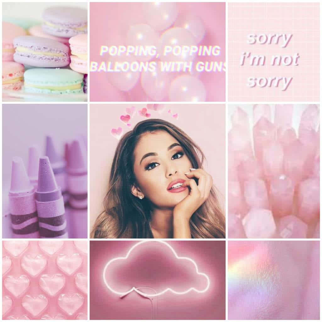 Aesthetic Ariana Grande 桌布 壁紙 — 粉紅色拼貼畫，包含馬卡龍、蠟筆、水晶和一位帶有心形圖案和霓虹雲的女性。