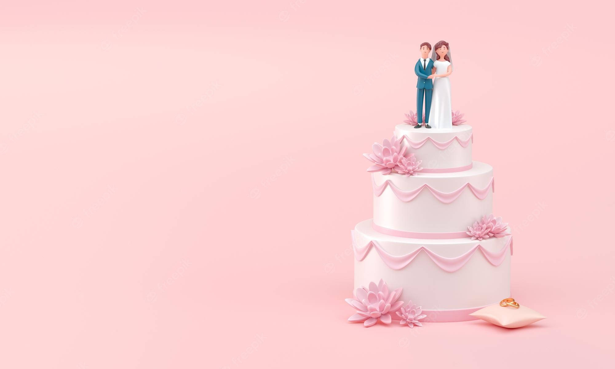 粉紅色新娘與新郎造型婚禮蛋糕 壁紙 — 三層粉紅色結婚蛋糕，頂部有一對新人公仔，飾有粉紅色花朵和旁邊的戒指枕頭。