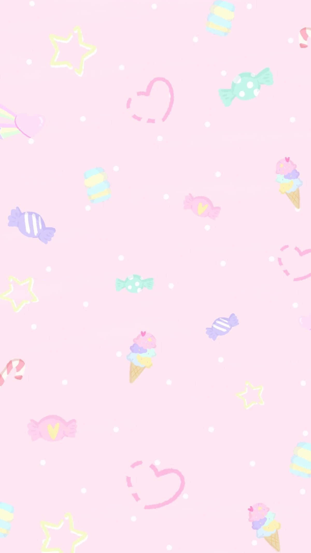 Pastel Phone 桌布 壁紙 — 粉紅色柔和圓點背景上，散落著可愛的糖果心、雪糕和星星的粉彩牆紙。