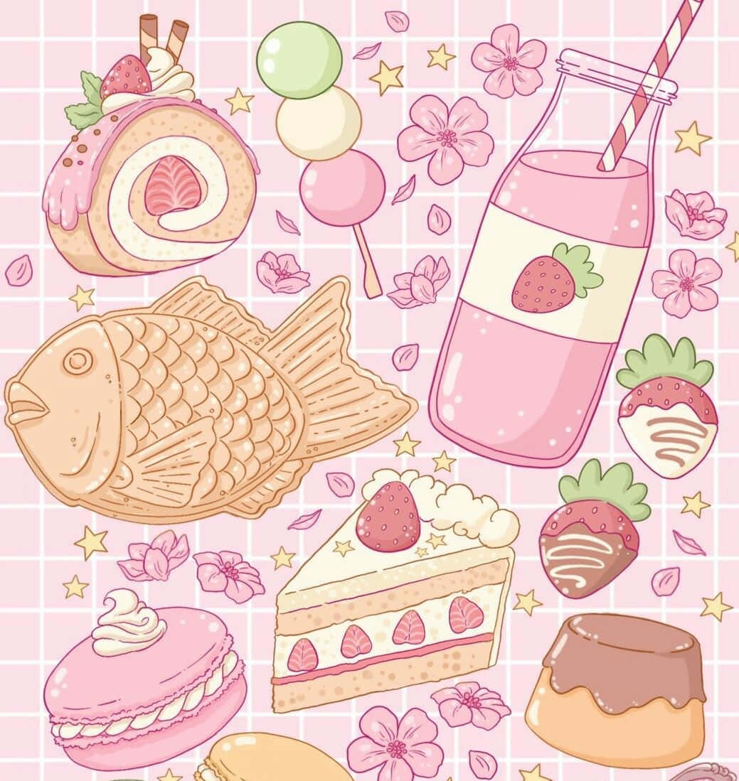 Kawaii Food 桌布 壁紙 — 粉紅色柔和插畫風格的牆紙，上面有蛋糕卷、馬卡龍、牛奶、櫻花和星星等甜點。
