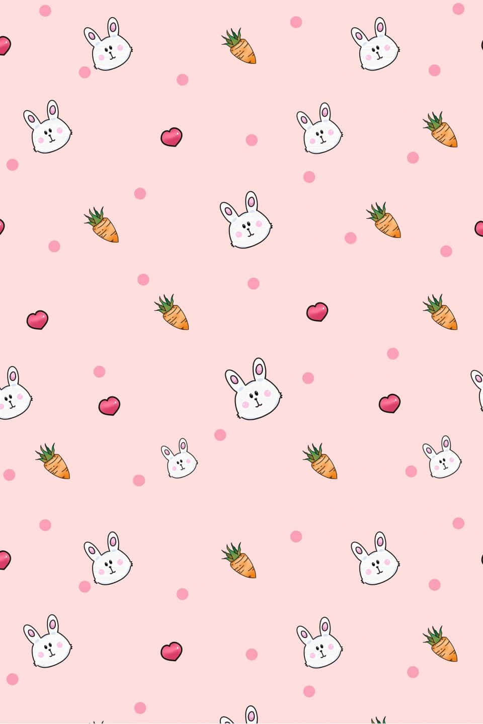 Pink Bunny 桌布 壁紙 — 粉紅色柔和牆紙圖案，可愛白色兔仔頭、橙色紅蘿蔔和粉紅色心形散落在表面。