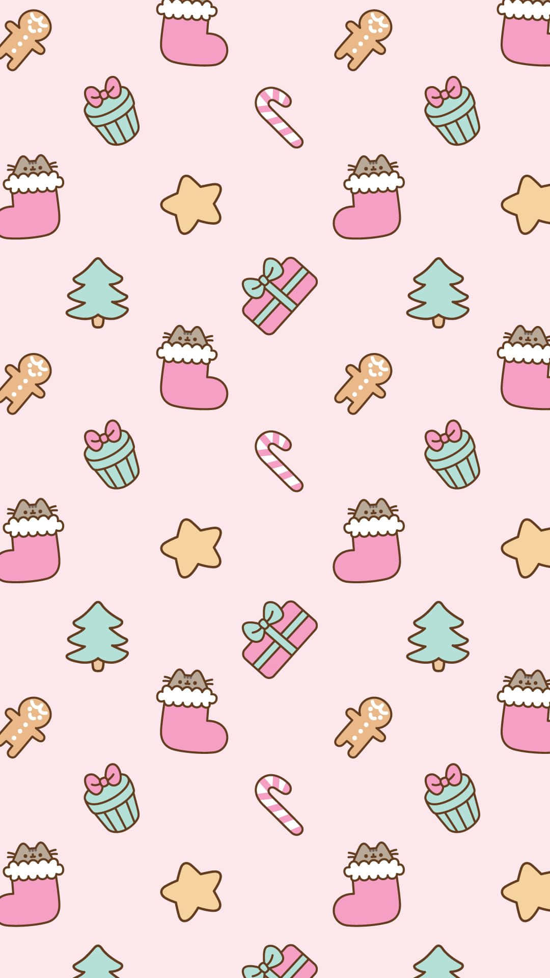 Pusheen 桌布 壁紙 — 粉紅色柔和牆紙圖案，可愛的Pusheen貓咪穿著長襪，搭配薑餅人、拐杖糖和杯子蛋糕。