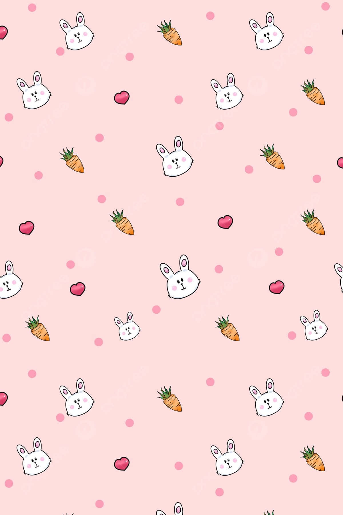 Miss Rabbit 桌布 壁紙 — 粉紅色柔和牆紙圖案，可愛的白色兔仔頭、橙色紅蘿蔔和粉紅色心形散落在表面。