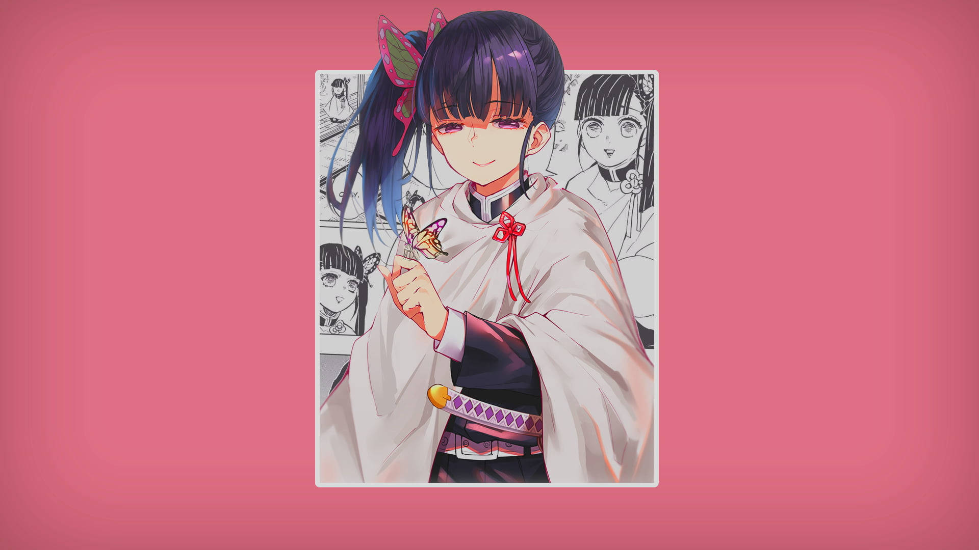 動漫女孩穿著和服拿著蝴蝶，身後有漫畫面板。