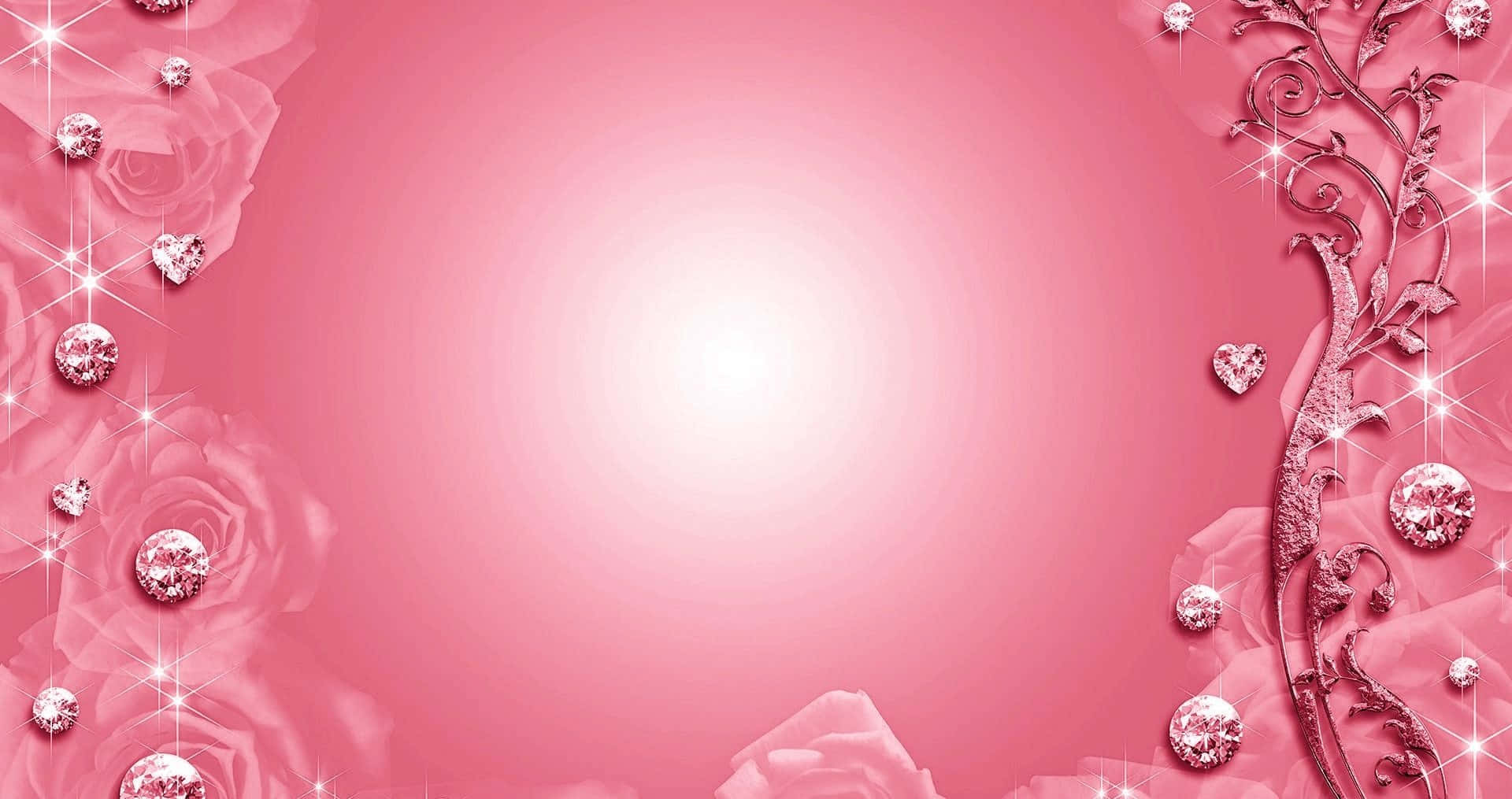 Pink Crystal Quartz 桌布 壁紙 — 粉紅色漸變背景，以閃爍的玫瑰和華麗的藤蔓鑲邊，並綴有閃亮的鑽石點綴。