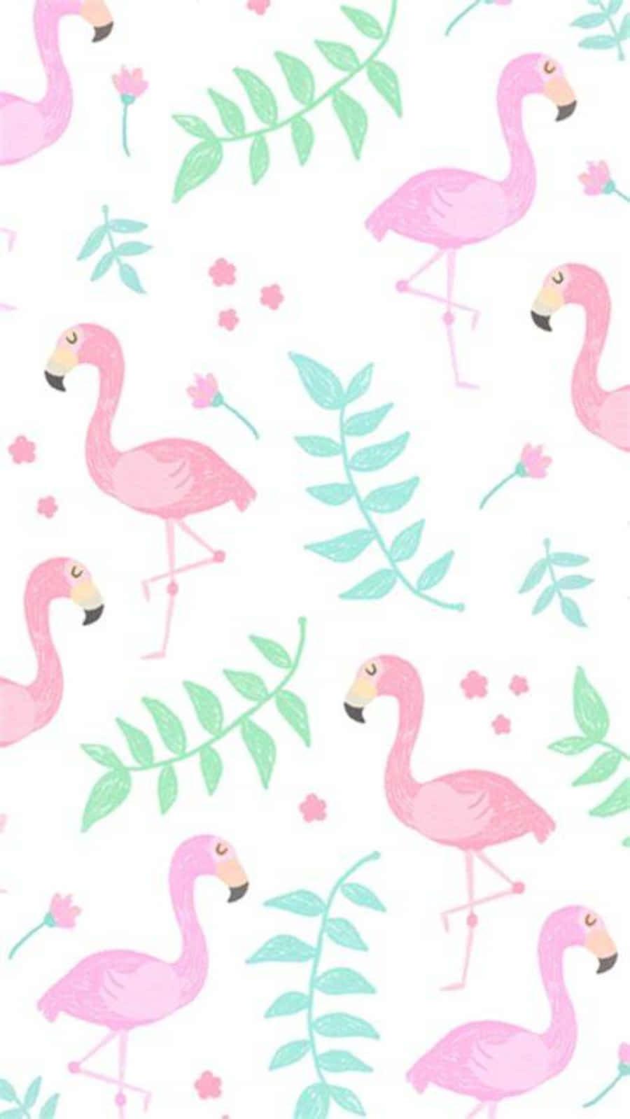 Pink Flamingos 桌布 壁紙 — 粉紅色火烈鳥和綠色葉子散落在白色背景上，形成有趣的重复圖案。