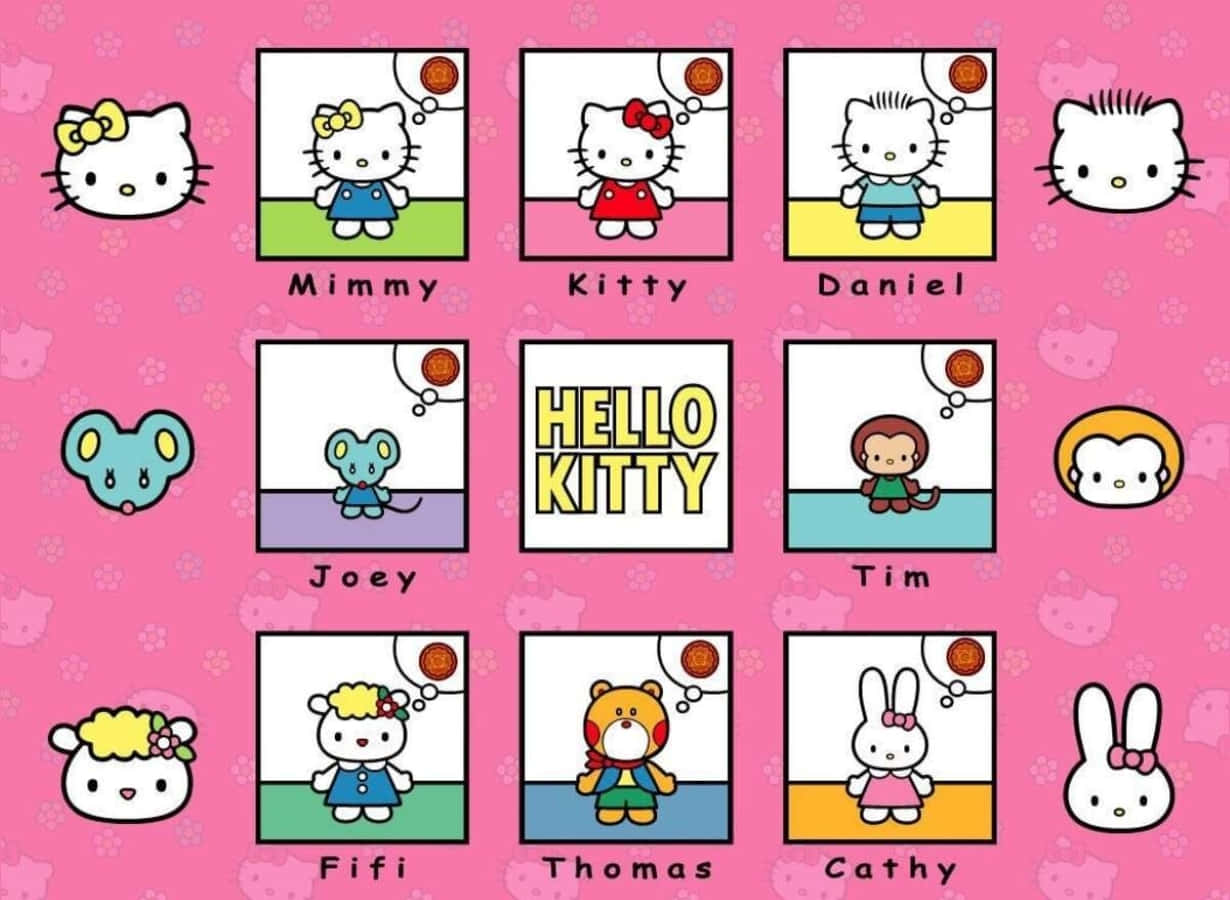 Hello Kitty And Friends 桌布 壁紙 — 粉紅色牆紙，Hello Kitty 和朋友們在彩色方格中，附有名字和思想泡泡。