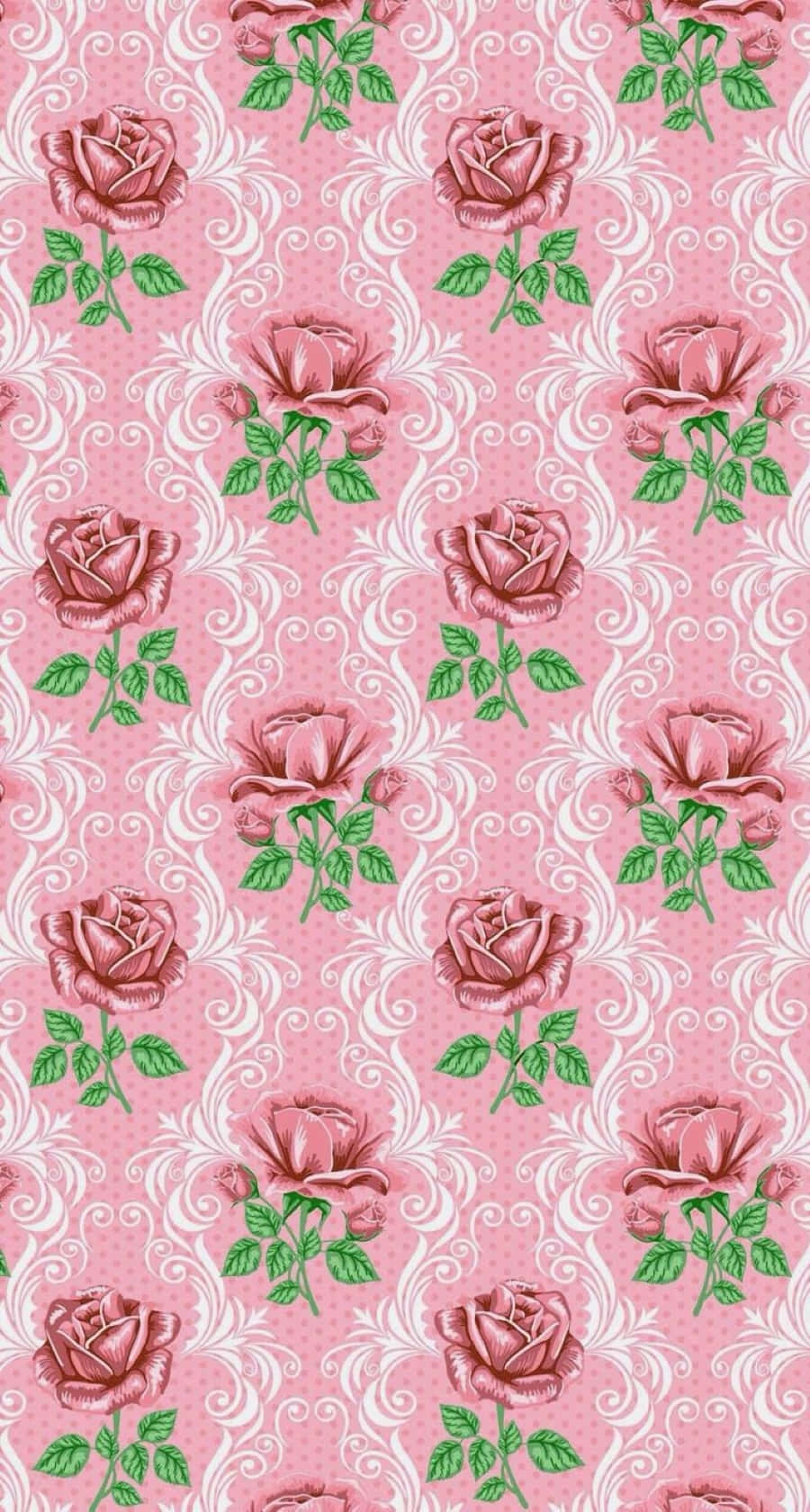 Rose Pattern 桌布 壁紙 — 粉紅色牆紙，重複玫瑰圖案和白色漩渦，背景為圓點。