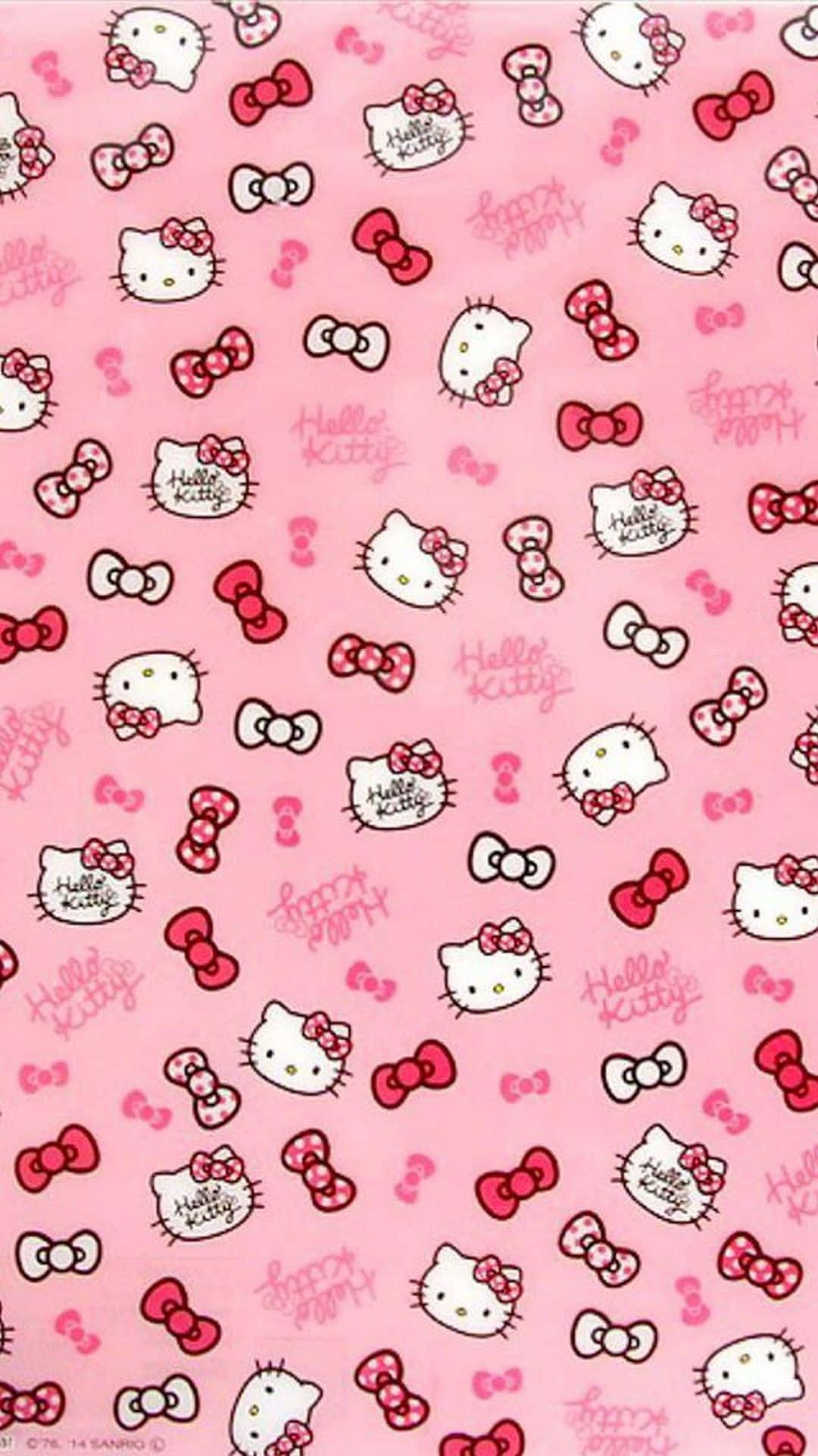 Kawaii Hello Kitty 桌布 壁紙 — 粉紅色牆紙圖案，重複出現Hello Kitty面孔、紅色蝴蝶結和草書文字，設計活潑散落。