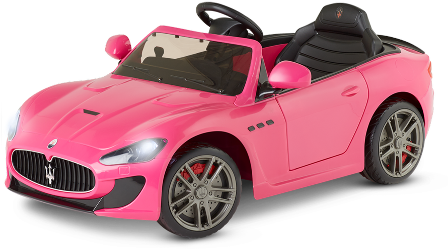 粉紅色瑪莎拉蒂敞篷玩具車 壁紙 — 一輛鮮粉紅色的兒童電動Maserati跑車，配有黑色座椅和銀色輪圈，背景為白色。