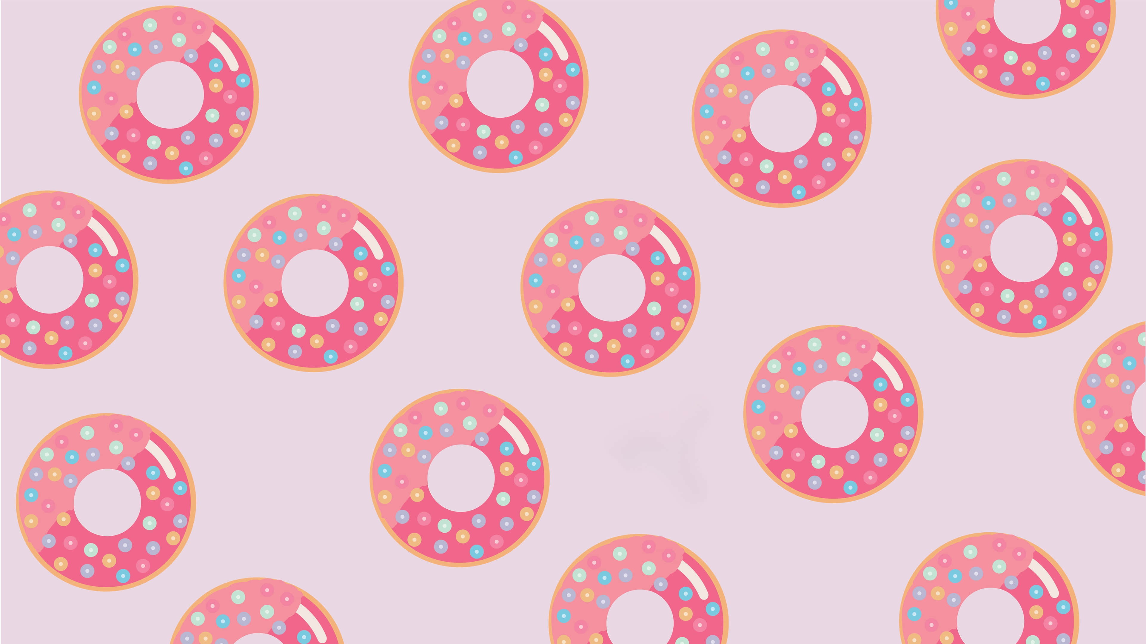 Cute Donut 桌布 壁紙 — 粉紅色甜甜圈配上彩色糖針，在柔和的薰衣草背景上重複成一個歡快的圖案。