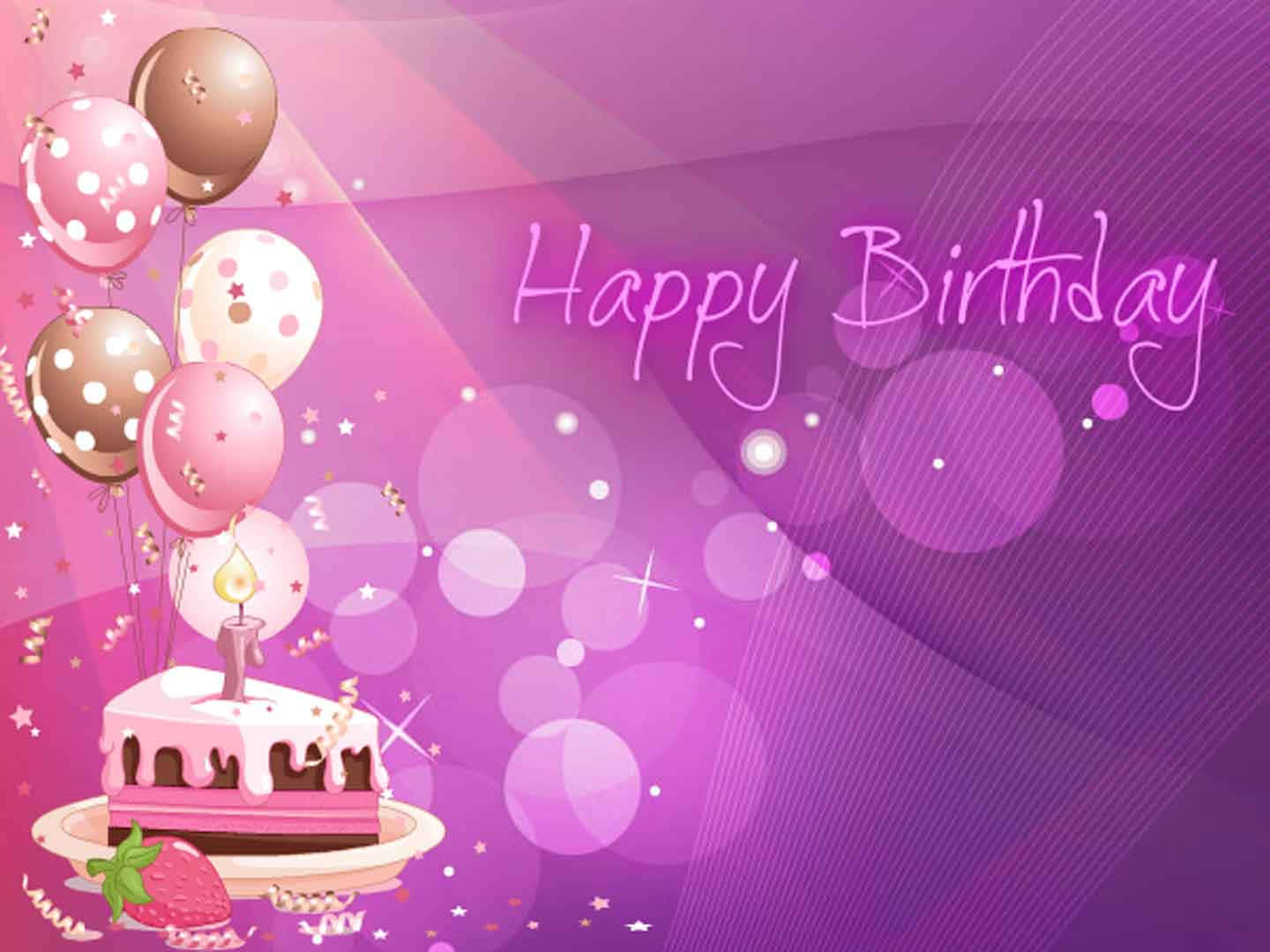 粉紅色生日快樂橫幅圖片 壁紙 — 一個帶有蠟燭和氣球的節日生日蛋糕，在閃爍的紫色背景上漂浮，並帶有 'Happy Birthday' 文字。