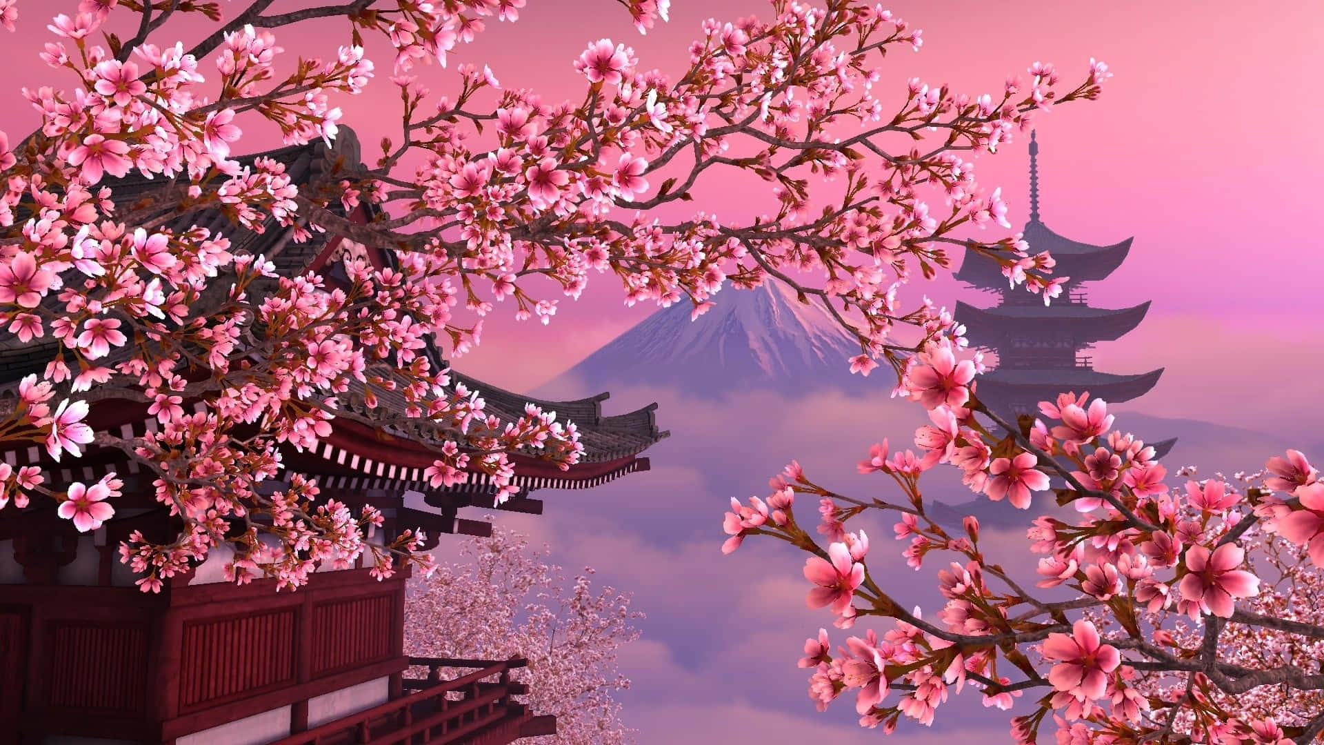 櫻花 桌布 壁紙 — 粉紅色的櫻花環繞著一座傳統的日本寺廟，富士山在霧氣瀰漫的粉紅色天空中。
