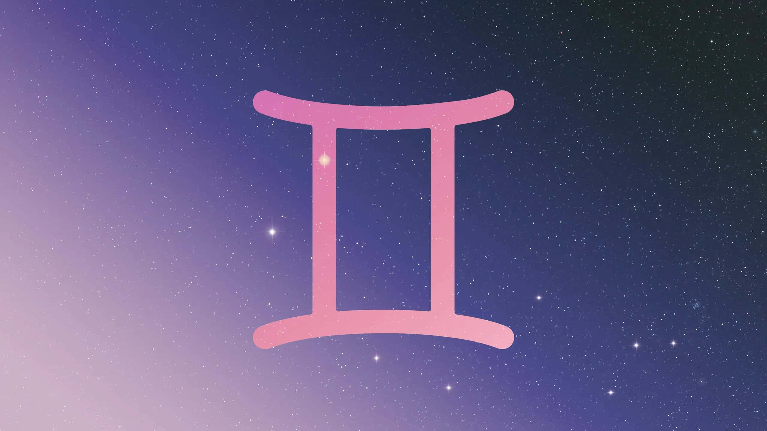 雙子座 桌布 壁紙 — 粉紅色的雙子座星座符號漂浮在帶有紫色和藍色漸變的星空暮色天空中。