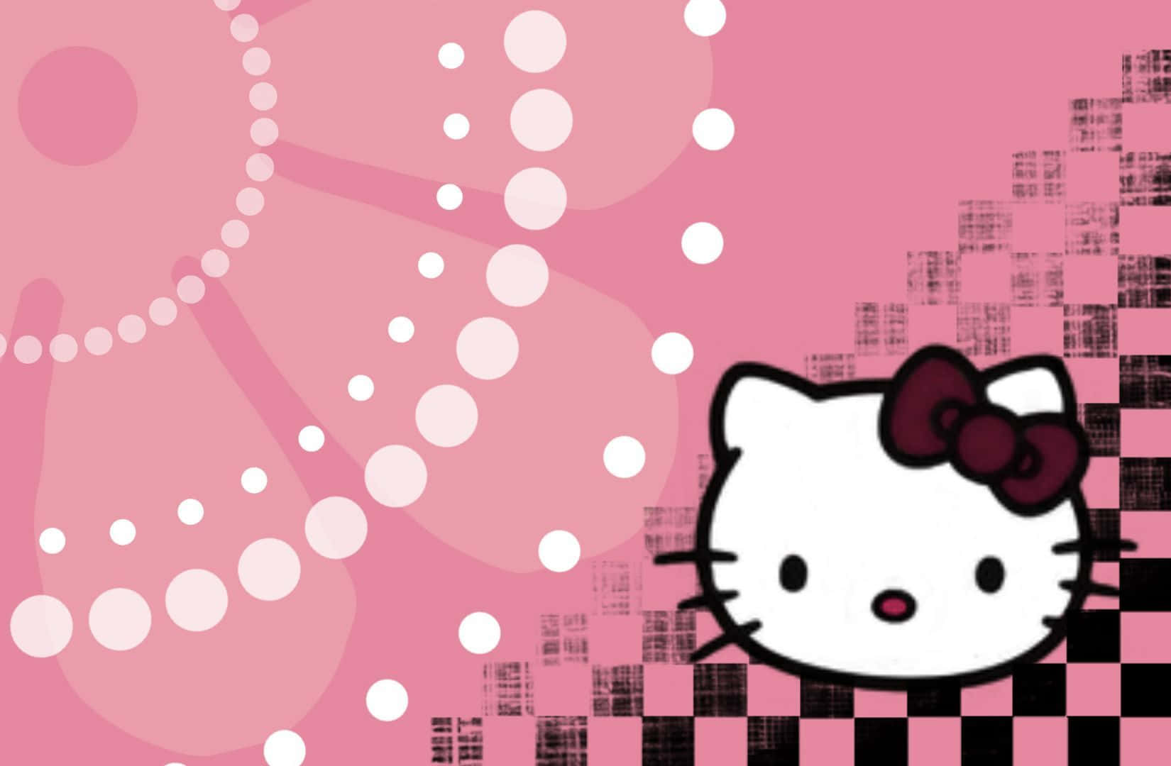 Hello Kitty 帶紅色蝴蝶結，粉紅色背景上有白色圓點和格仔圖案。