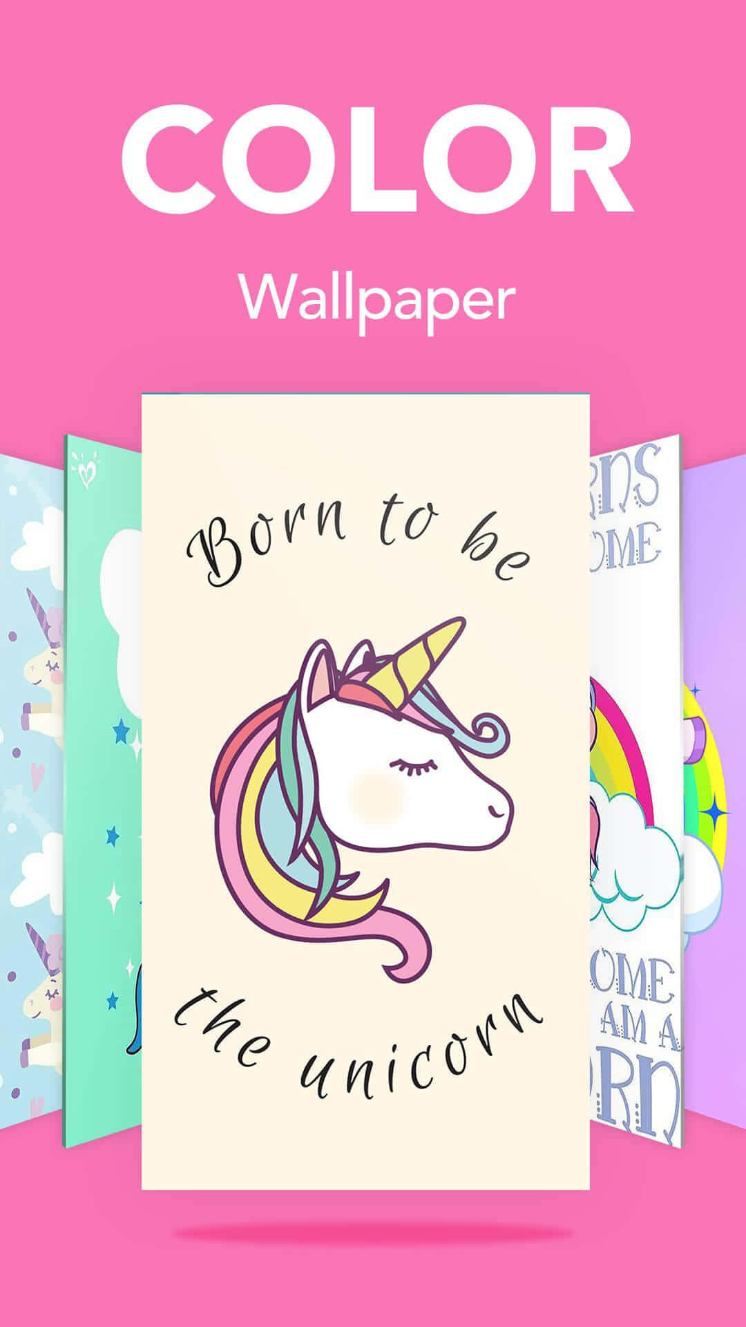 Kawaii Unicorn 桌布 壁紙 — 粉紅色粉彩牆紙，上面有可愛的卡通獨角獸，帶有彩虹鬃毛，並以草書寫著「Born to be the unicorn」。