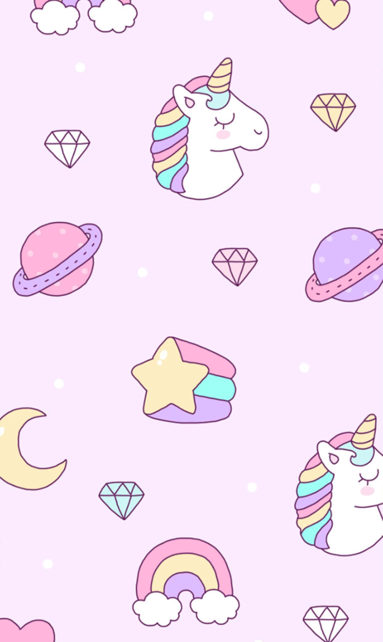 Kawaii Unicorn 桌布 壁紙 — 粉紅色粉彩牆紙，帶有可愛卡通獨角獸、彩虹、鑽石和行星的重複圖案。