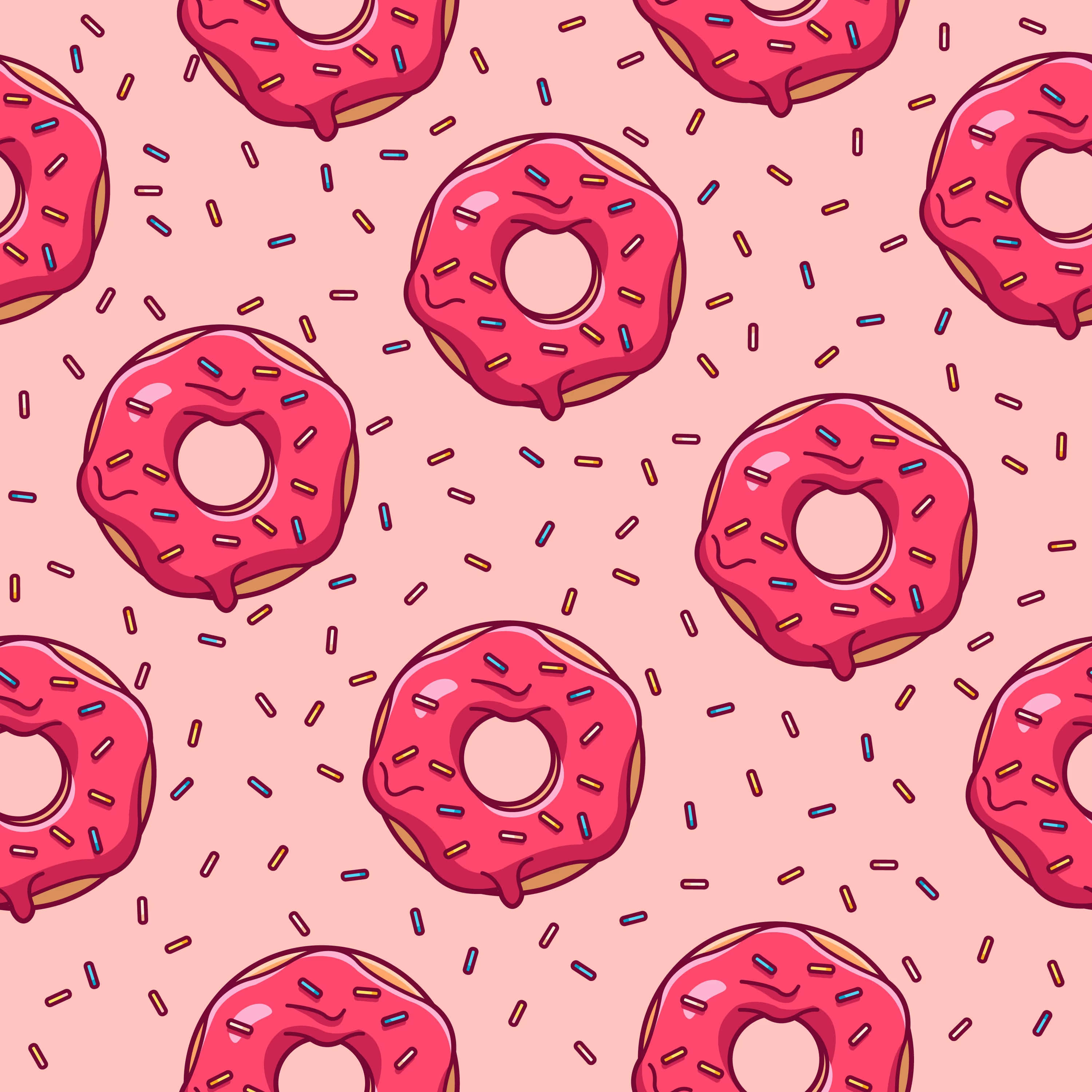 Cute Donut 桌布 壁紙 — 粉紅色糖霜甜甜圈配上彩色糖針，在柔和的粉紅色背景上以俏皮圖案重複。