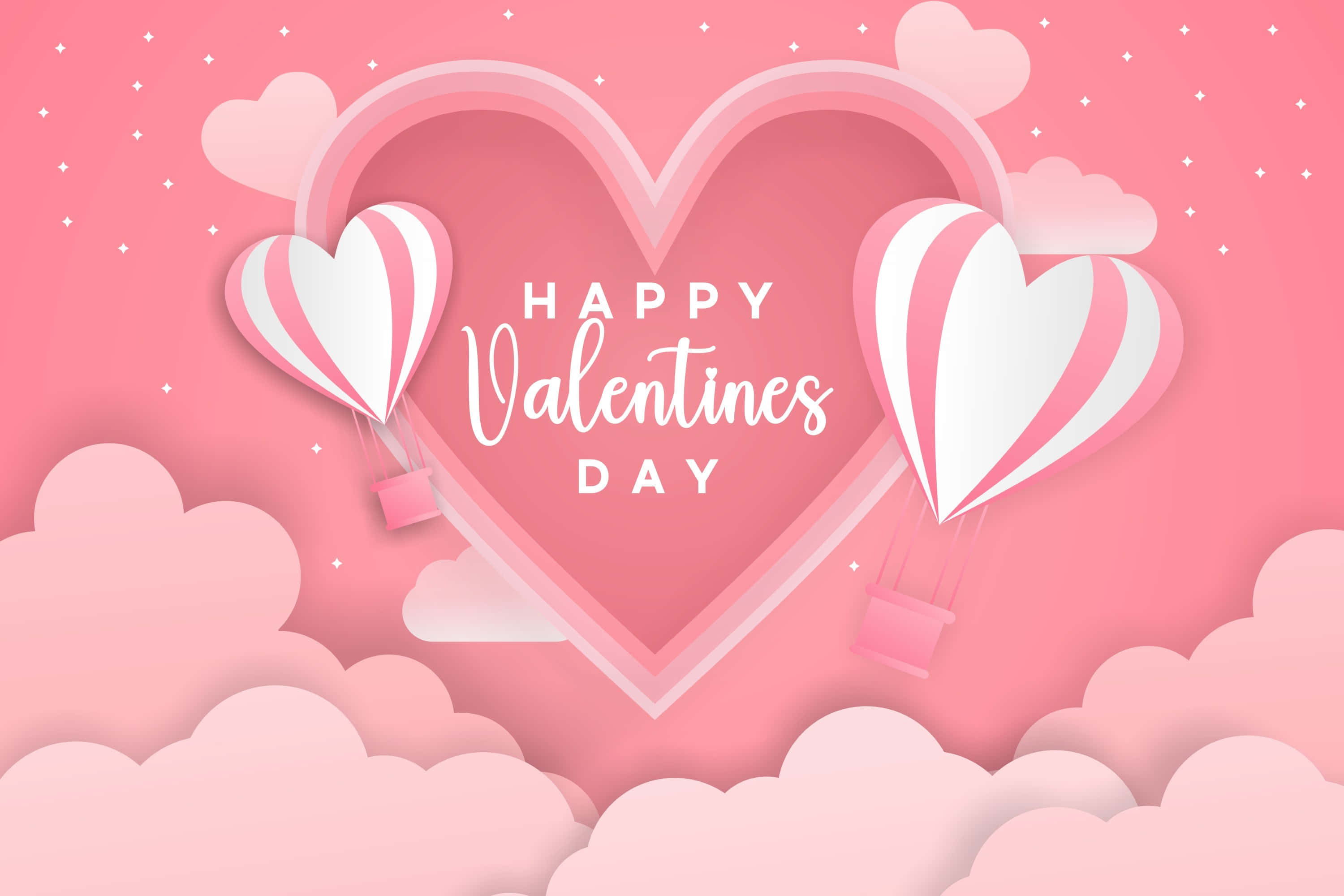 Happy Valentines Day 桌布 壁紙 — 粉紅色紙剪愛心形狀的熱氣球在星空下漂浮在蓬鬆的雲朵上方，並帶有'Happy Valentine's Day'文字。