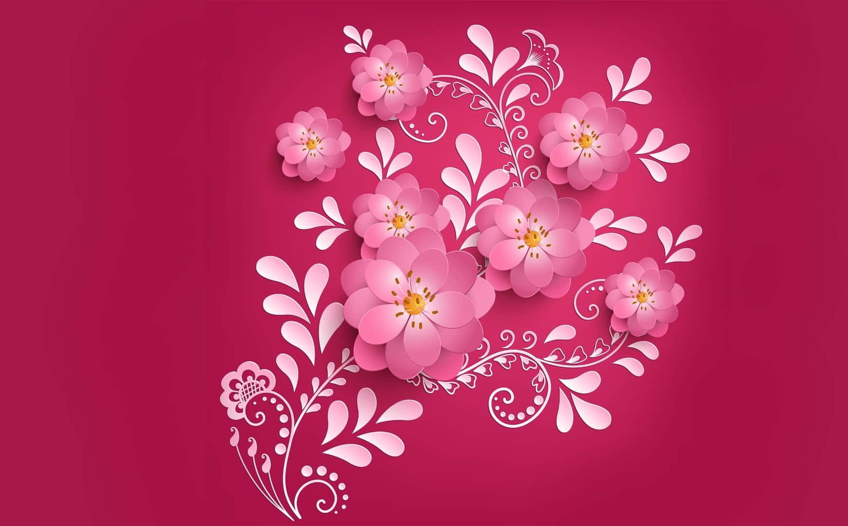 Kawaii Flower 桌布 壁紙 — 粉紅色紙藝花朵帶有白色漩渦，在深洋紅色背景上以精緻的數碼藝術風格綻放。