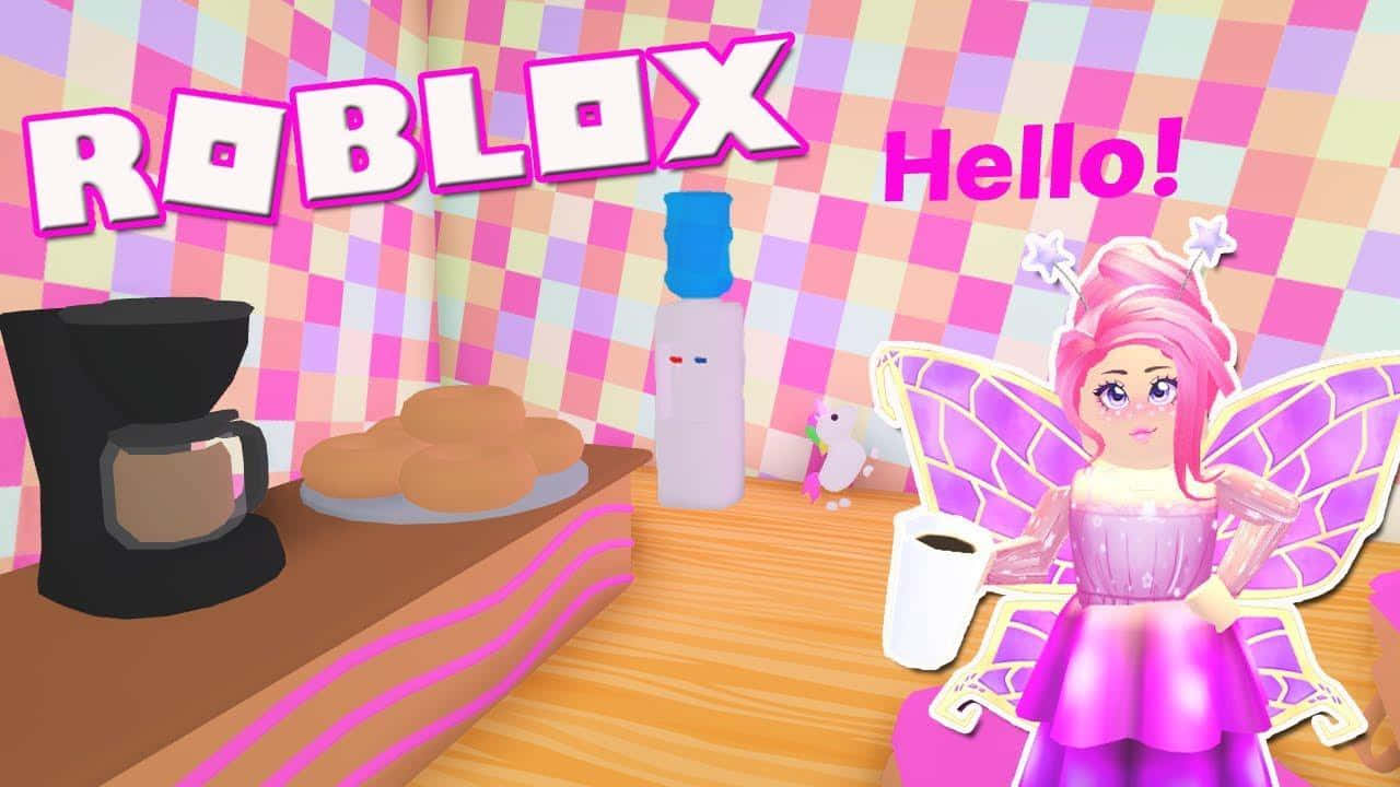 在粉彩廚房裡喝咖啡吃糕點的Roblox仙子角色。