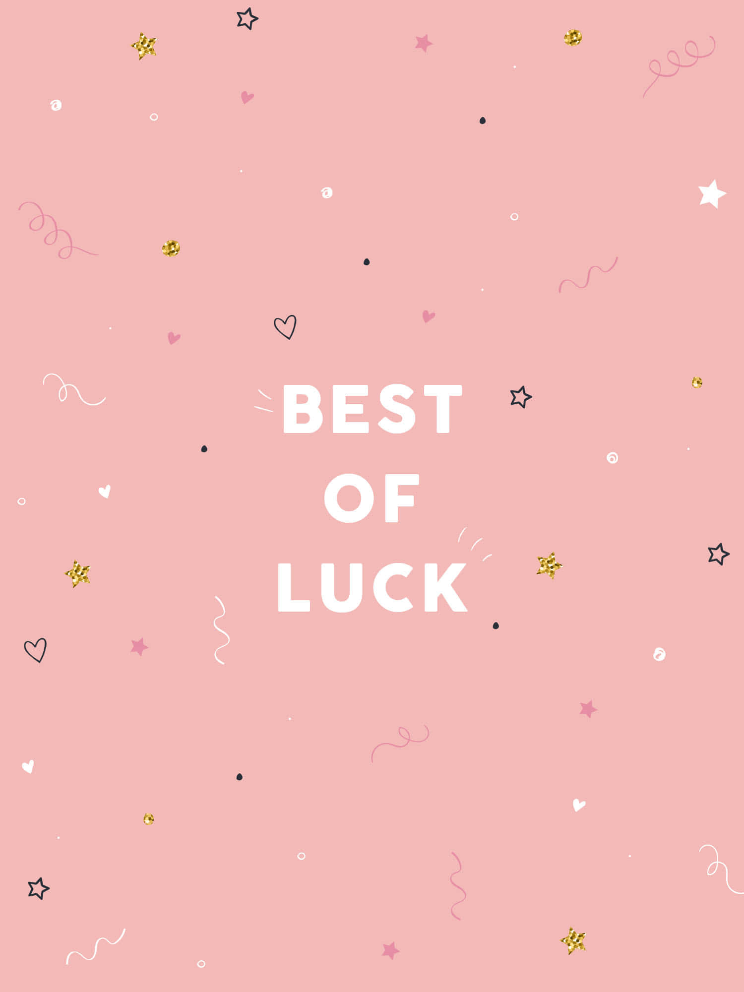 好運 桌布 壁紙 — 粉紅色背景，白色文字寫著「BEST OF LUCK」，周圍散落著星星、心形和五彩紙屑。