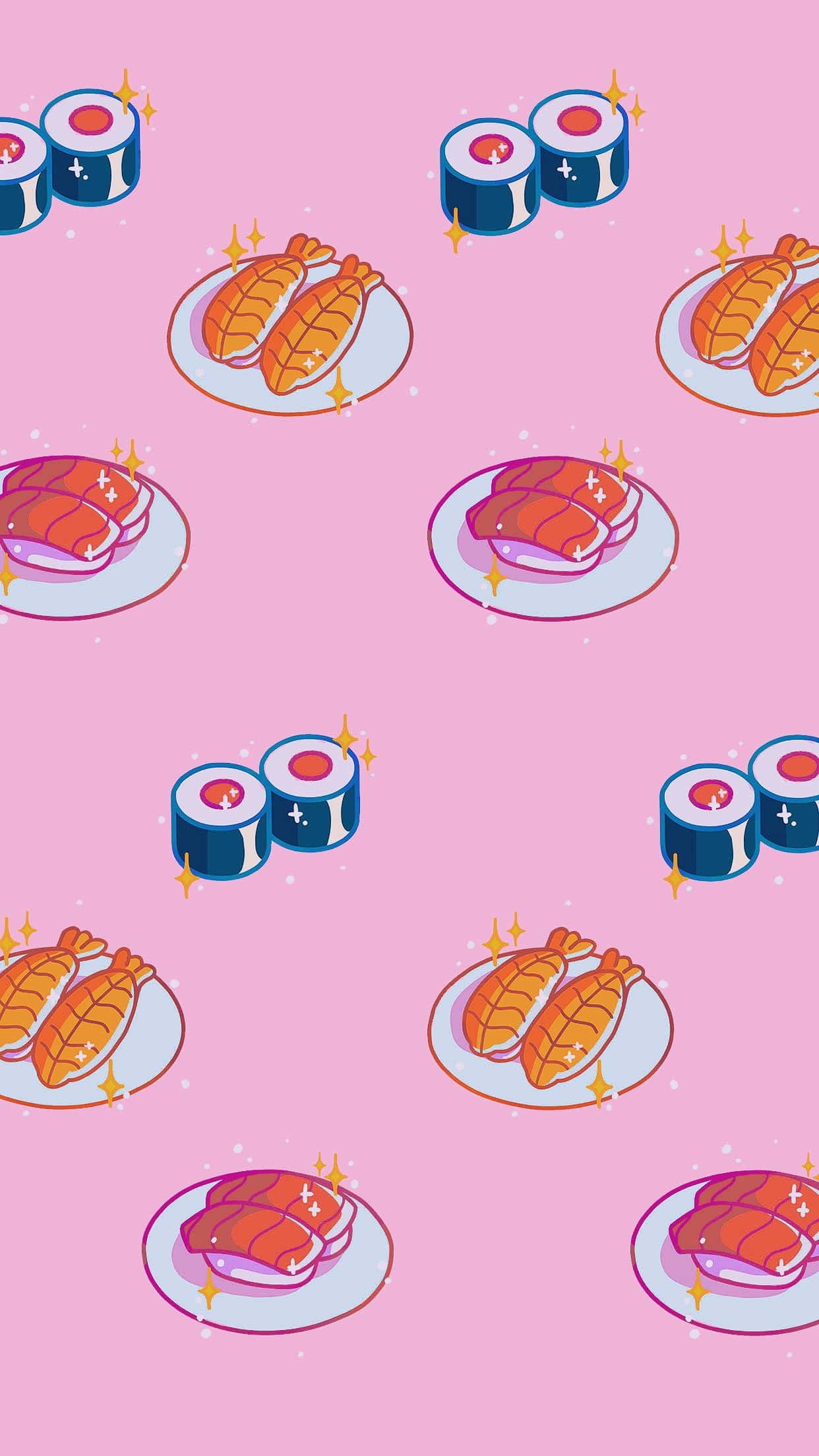 Kawaii Japanese Food 桌布 壁紙 — 粉紅色背景，重複出現卡通壽司卷和刺身放在碟上，帶有閃光。