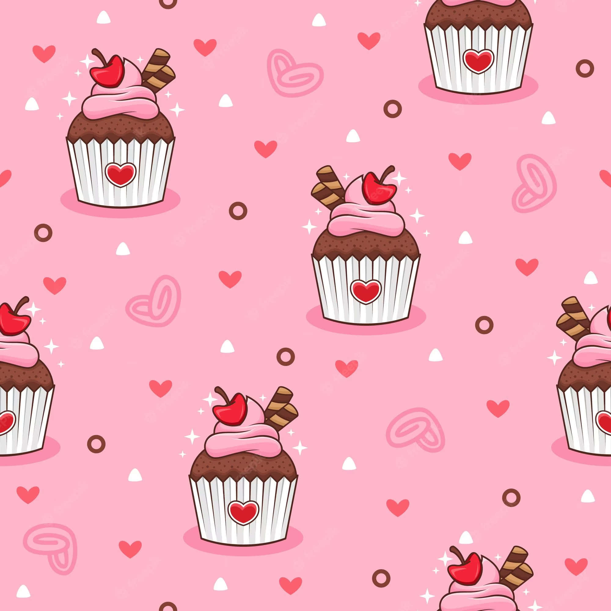 Cute Cupcake 桌布 壁紙 — 粉紅色背景，重複的卡通紙杯蛋糕，上面有櫻桃和心形，周圍散落著心形和漩渦。