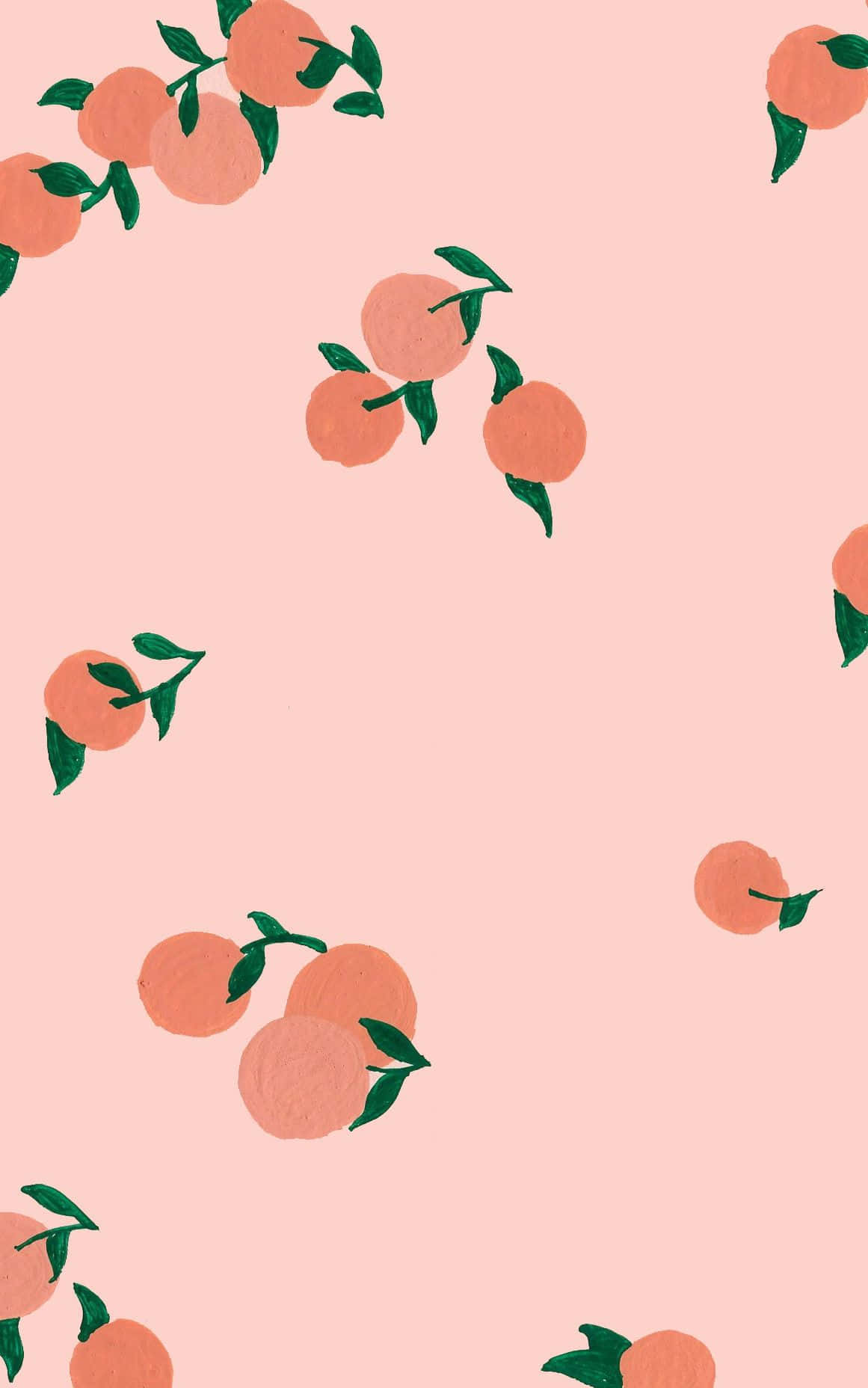 Peach iPhone 桌布 壁紙 — 粉紅色背景，點綴著散落的桃子插圖，搭配綠色葉子，呈現極簡風格。