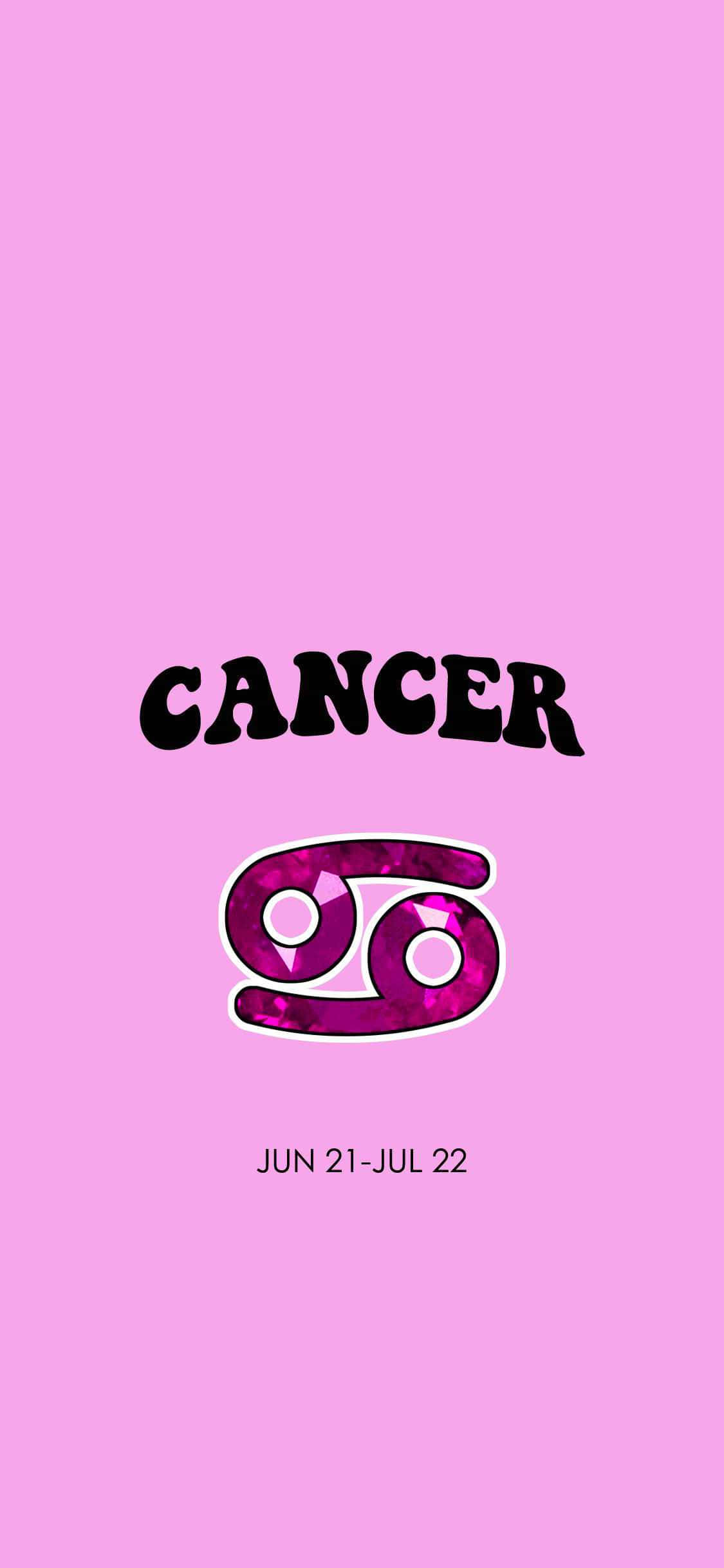 cancer 桌布 壁紙 — 粉紅色背景上，粗體黑色文字顯示「cancer」一字，上方有一個閃亮的紫色巨蟹符號，下方有日期範圍。