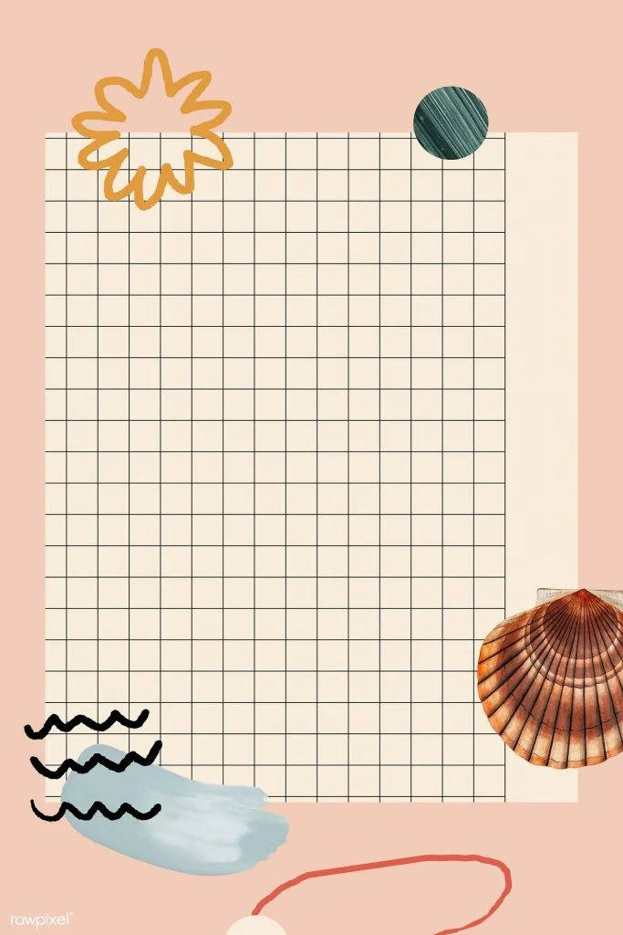 Pastel Cute 桌布 壁紙 — 粉紅色背景上有一個方格紙，上面有黃色海星、青色圓圈、棕色貝殼、藍色波浪和紅色繩子。